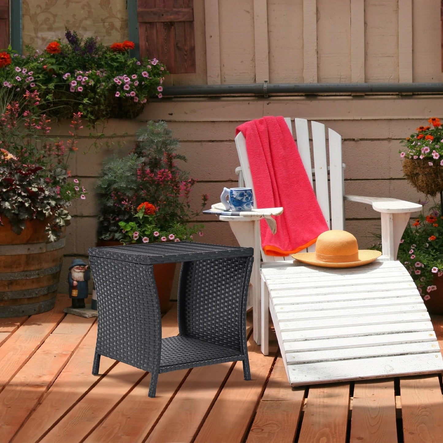 Outdoor Side Table Small Outdoor End Table for Patio Black Wicker Rattan Coffee Table with Storage & Poly Lumber Table Top Square for Outside Balcony Porch Backyard Deck