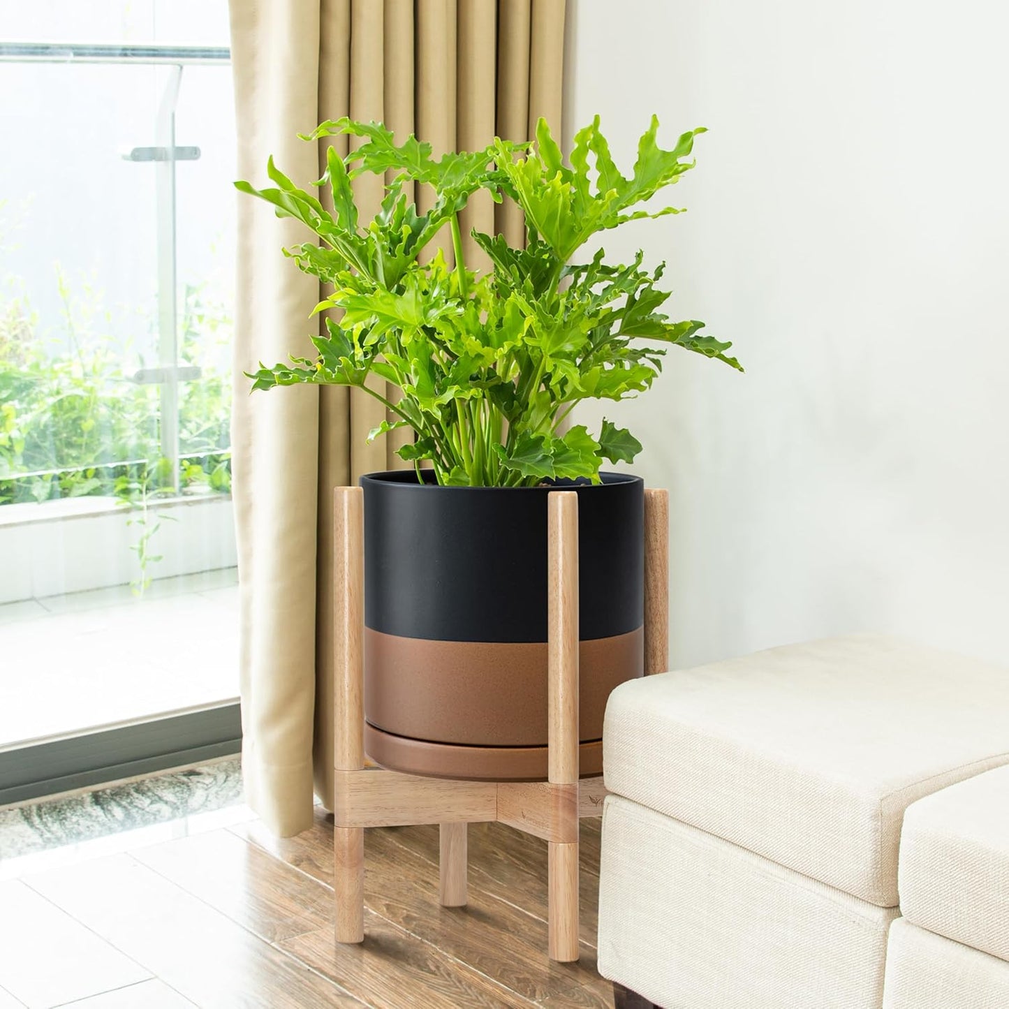 D'vine Dev Ceramic Planter with Natural Stand - 10 Inch Modern Round Flower Pot with Wood Planter Holder, Black/Speckled Tan, 55-B-K-7