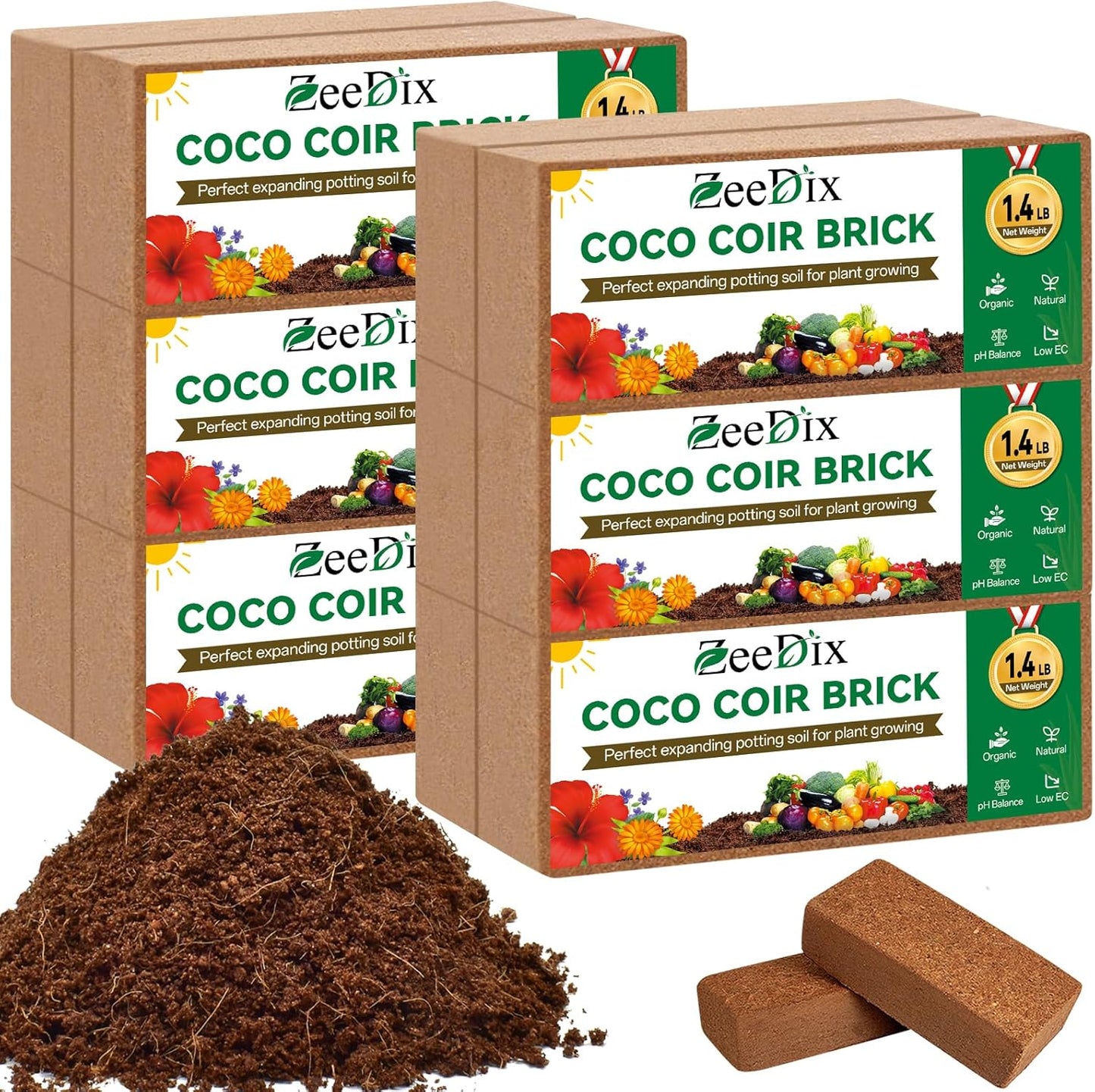 ZeeDix 12 Pcs Premium Coco Coir Brick- Natural Compressed Coconut Coir Bricks Coco Coir Fiber Potting Soil with Low EC and pH Balance, 100% Organic Coconut Coir for Plants Gardening Herbs Reptiles