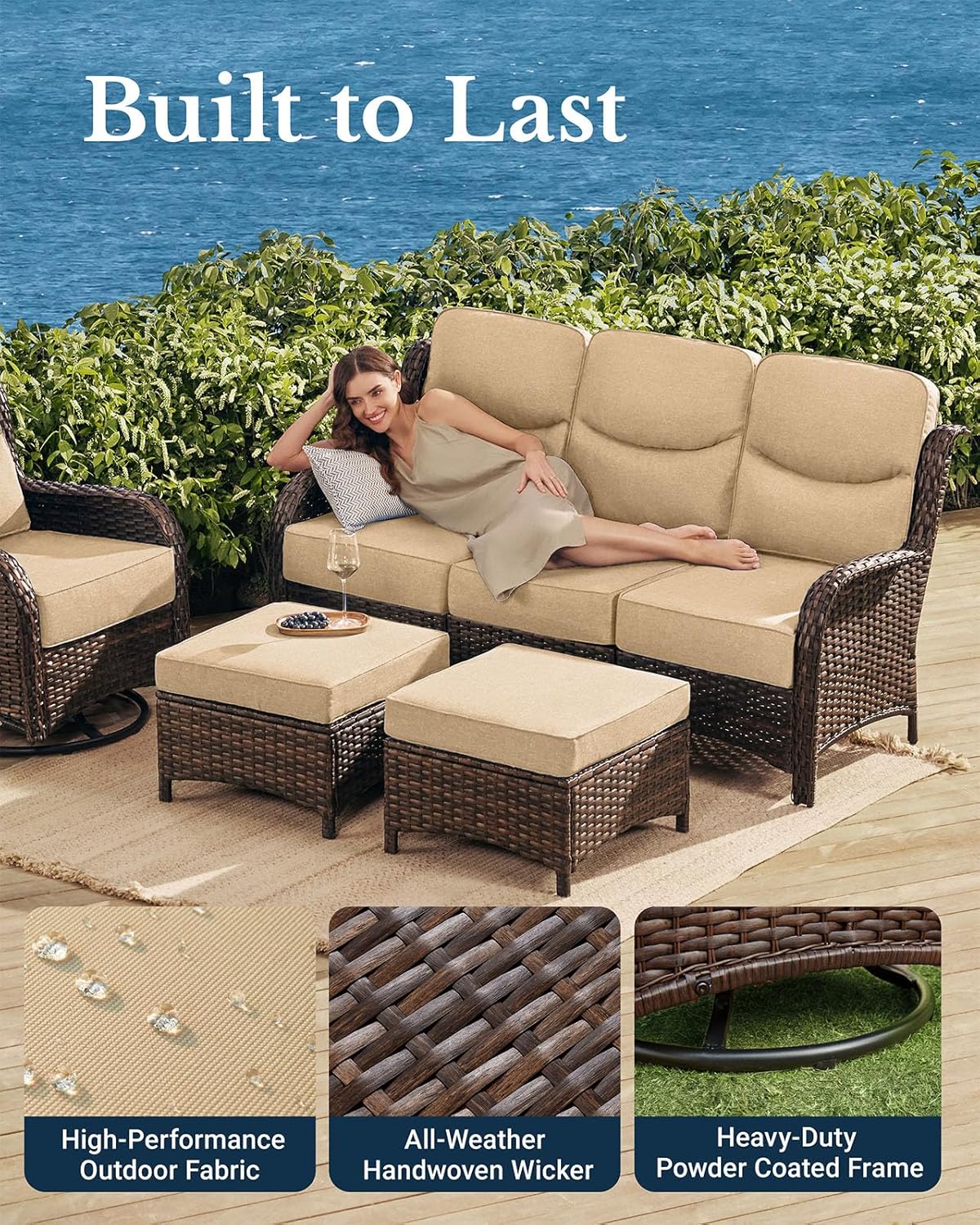 HILLGA Luxury Patio Furniture Set with 6-inch Thick Cushion, Outdoor Couch and High Back Swivel Rocker Patio Chairs, 6PCS Wicker Conversation Set for Deck Yard and Poolside, Beige (V2)