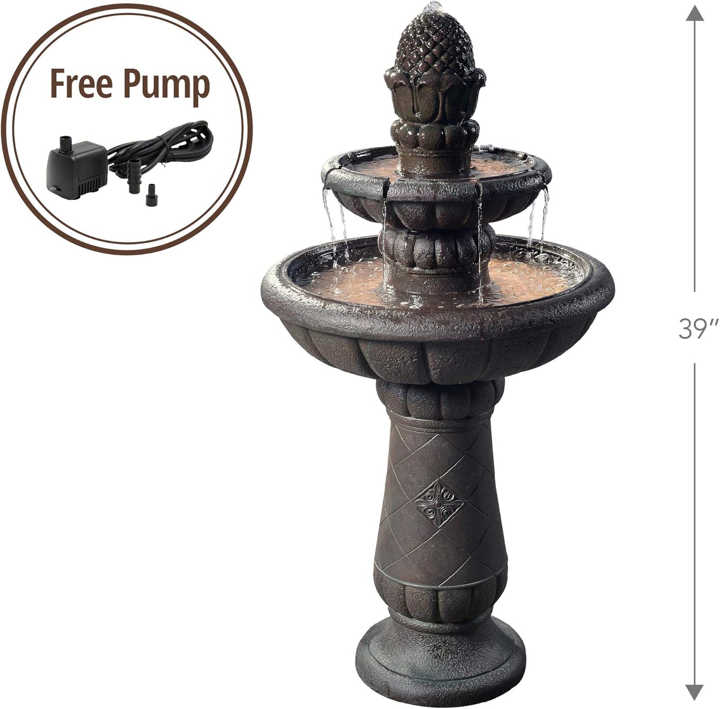 Teamson Home Deluxe Pineapple Pedestal 2 Tiered Floor Waterfall Fountain with Pump for Outdoor Patio Garden Backyard Decking, 39 Inch Height, Iron Gray