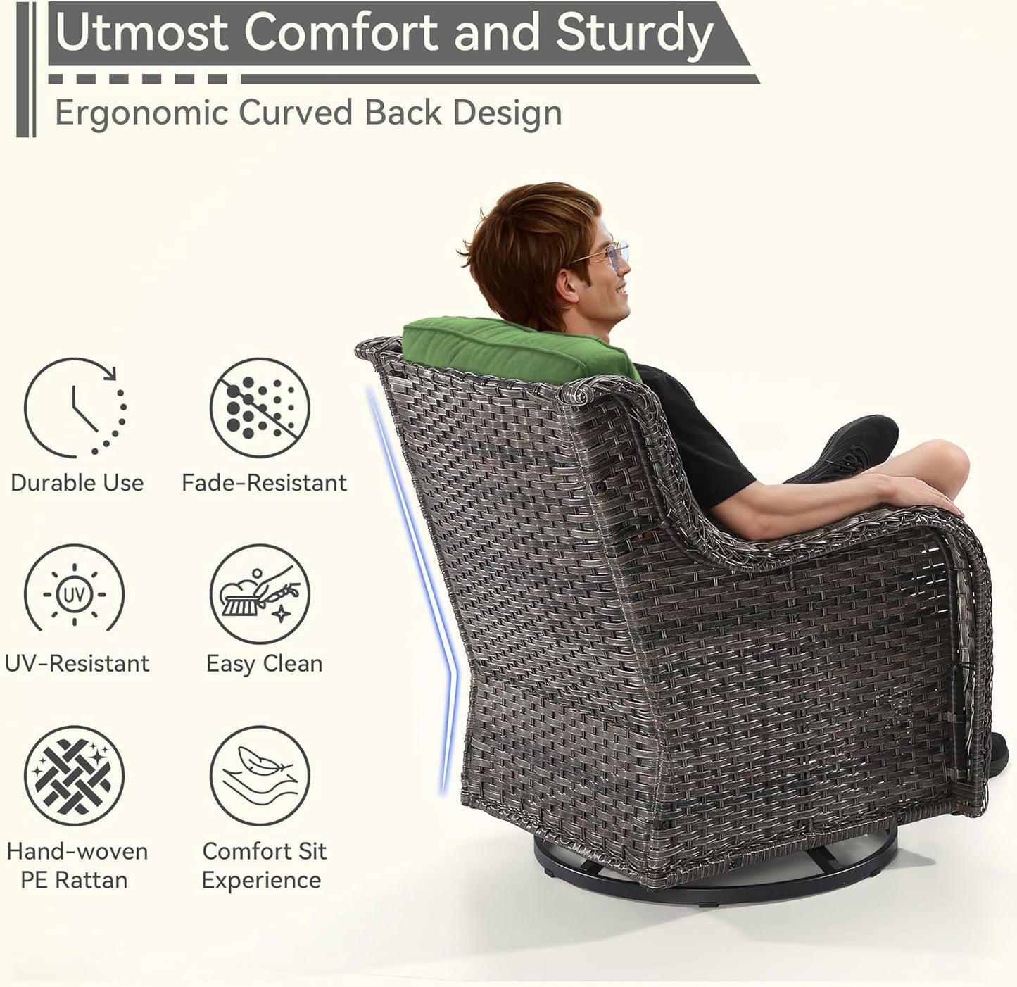 5 Pieces Outdoor Patio Furniture Set - Conversation Set Includes Wicker Swivel Rocker Chairs Set of 2, 2 Ottoman, 3 Seat Sofa, Suitable for Porch, Yard, Mixed Brown Rattan, Green