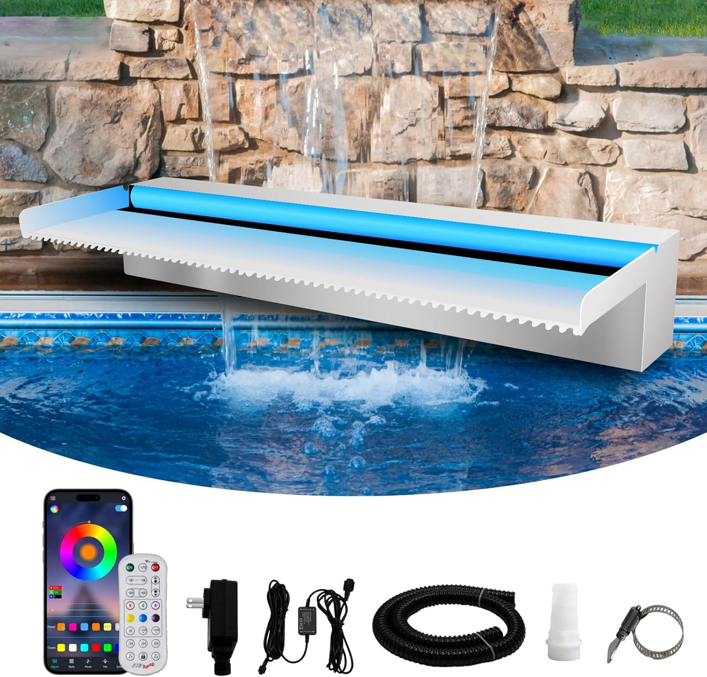 Waterfall Spillway Stainless Steel Pond Waterfalls with Color Changing LED Light, Outdoor Pool Fountain Water Feature Kit for Garden Patio Swimming Pool Koi Ponds Decor-24"x8"x4"
