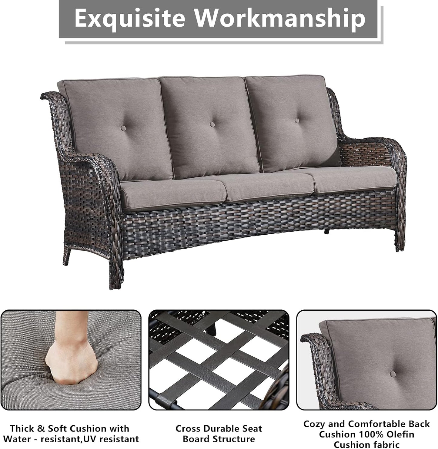 Outdoor Wicker Patio Furniture Set - 6 Piece Rattan Patio Conversation Set with 2 Rocking Swivel Chairs,2 Ottomans,1 Sofa and 1 Side Table for Porch Deck Backyard Garden(Brown/Grey)