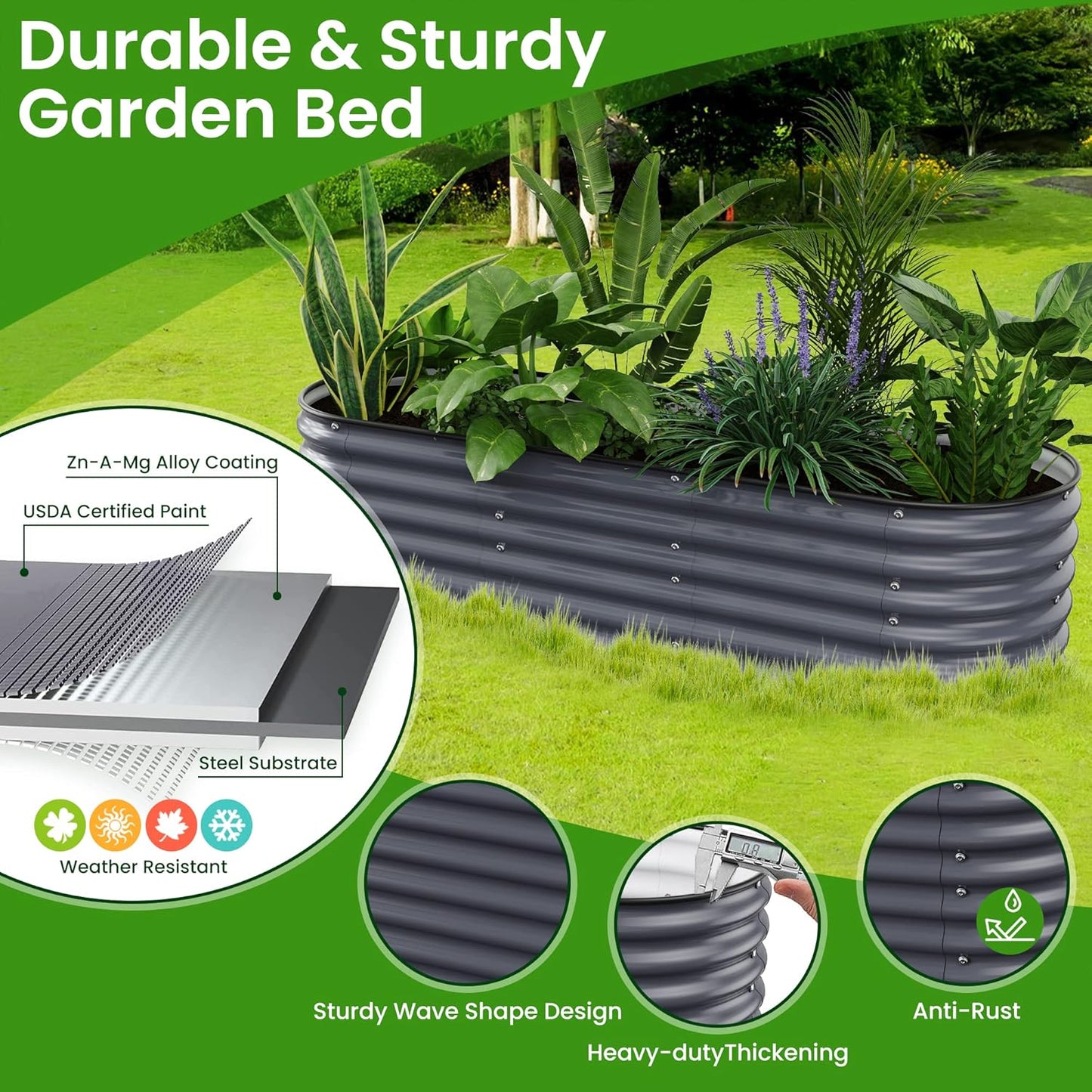 Oval Raised Garden Bed for Outdoors - 6.5X2X1.4 FT Galvanized Planter Raised Beds, Metal Planter Box for Vegetables,Flowers, Herbs, and Succulents(Deep Gery)