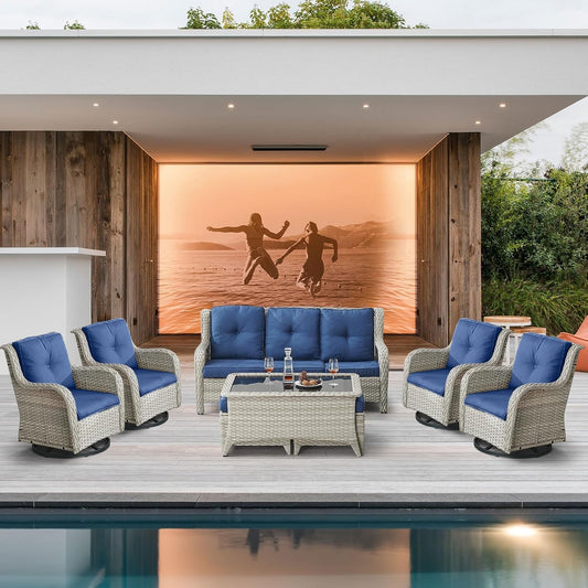 Wicker Patio Furniture Sets - 8 Piece Outdoor Rattan Furniture Conversation Sets with 4 Swivel Rocker Chairs, Rattan Sofa, Wicker Ottomans and Coffee Table, Light Grey/Blue