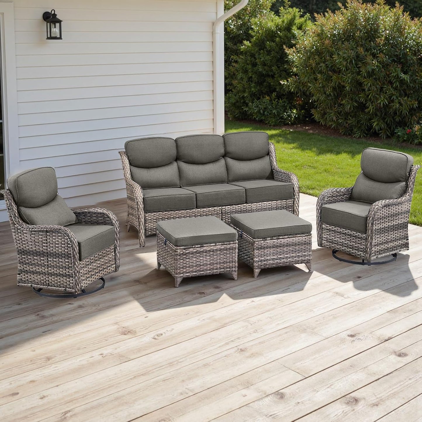 Wicker Outdoor Patio Furniture Set - 5 Piece Patio Conversation Sets with Swivel Rocker Chairs, Ottomans and Sofa, 6 inch Cushions, Waterproof Wicker, for Porch Deck Mixed Grey/Grey