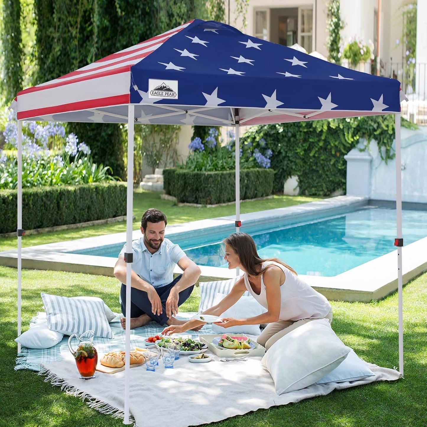 EAGLE PEAK Pop Up Canopy Tent with Wheeled Carry Bag, 8 Stakes, 4 Ropes, Easy Set Up Tent Canopy, 6.6x6.6 ft, American Flag