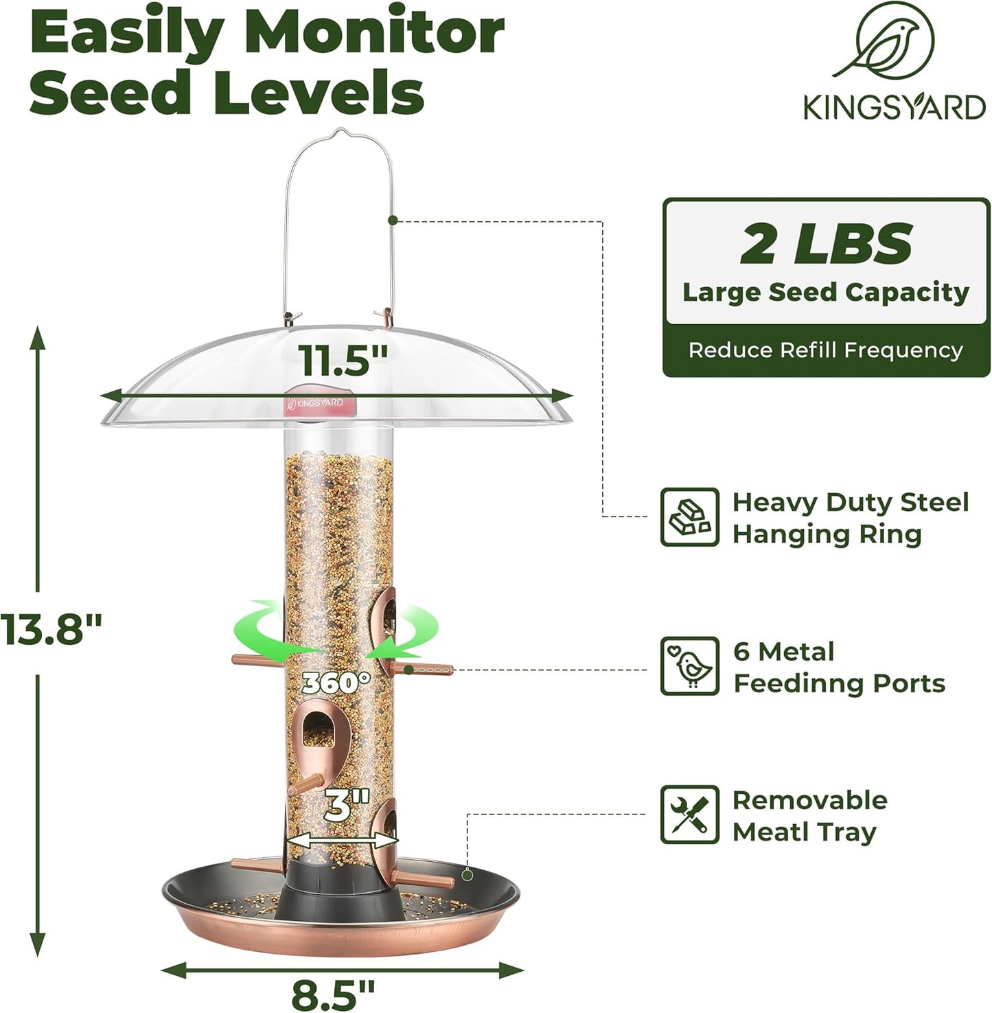 Kingsyard Metal Bird Feeders for Outdoors Hanging, Wild Bird Feeder for Finch Cardinal, Large Tray and Rainproof Dome, 2 lbs Seeds Capacity (Antique Copper)