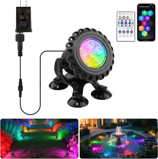 T-SUN Colored Pond Lights with Timer,LED Underwater Pond Light Submersible Fountain Lights for Fish Tank Landscape Spotlight-Bluetooth APP & Remote Control,IP68 Waterproof,Aquarium,Yard (1 Heads)