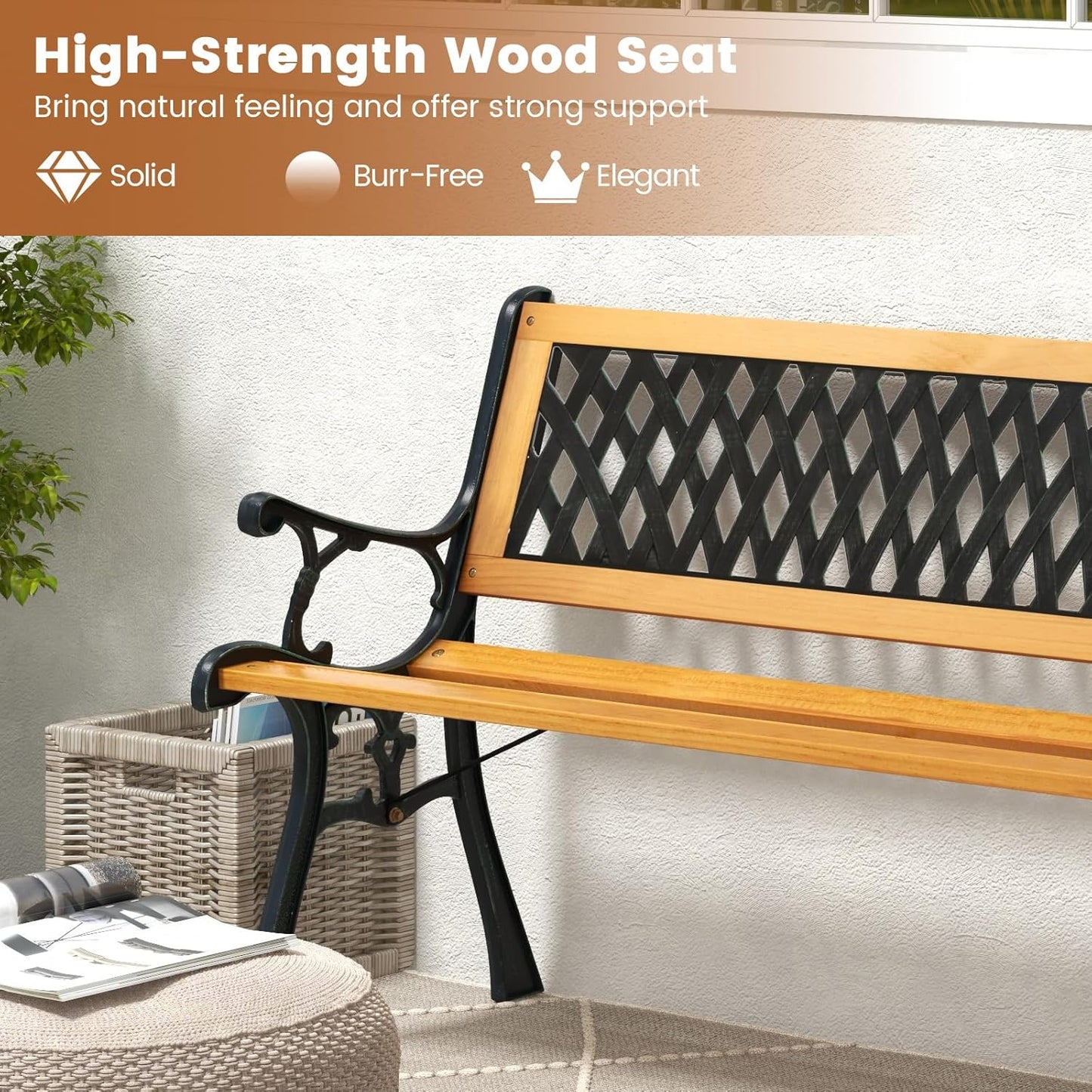 Tangkula Outdoor Garden Bench Park Bench, Patio Bench Chair with Cast Iron & Hardwood Structure, Weather Proof Porch Outdoor Furniture Loveseat, Perfect for Backyard, Deck, Lawn, Poolside