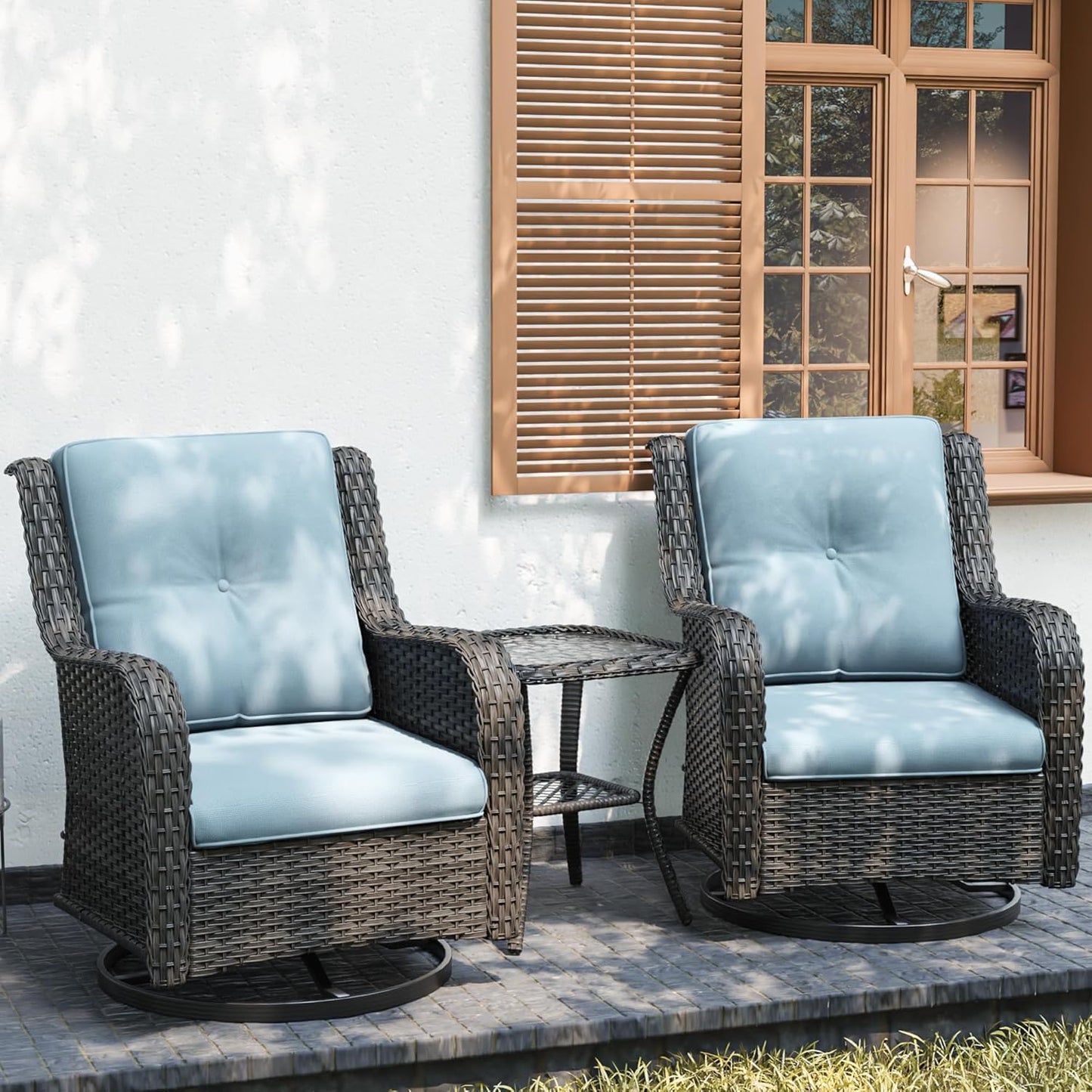 Joyside Outdoor Swivel Rocker Patio Chairs Set of 2 and Matching Side Table - 3 Piece Wicker Patio Bistro Set with Premium & Soft Fabric Cushions(Mixed Grey/Aqua)