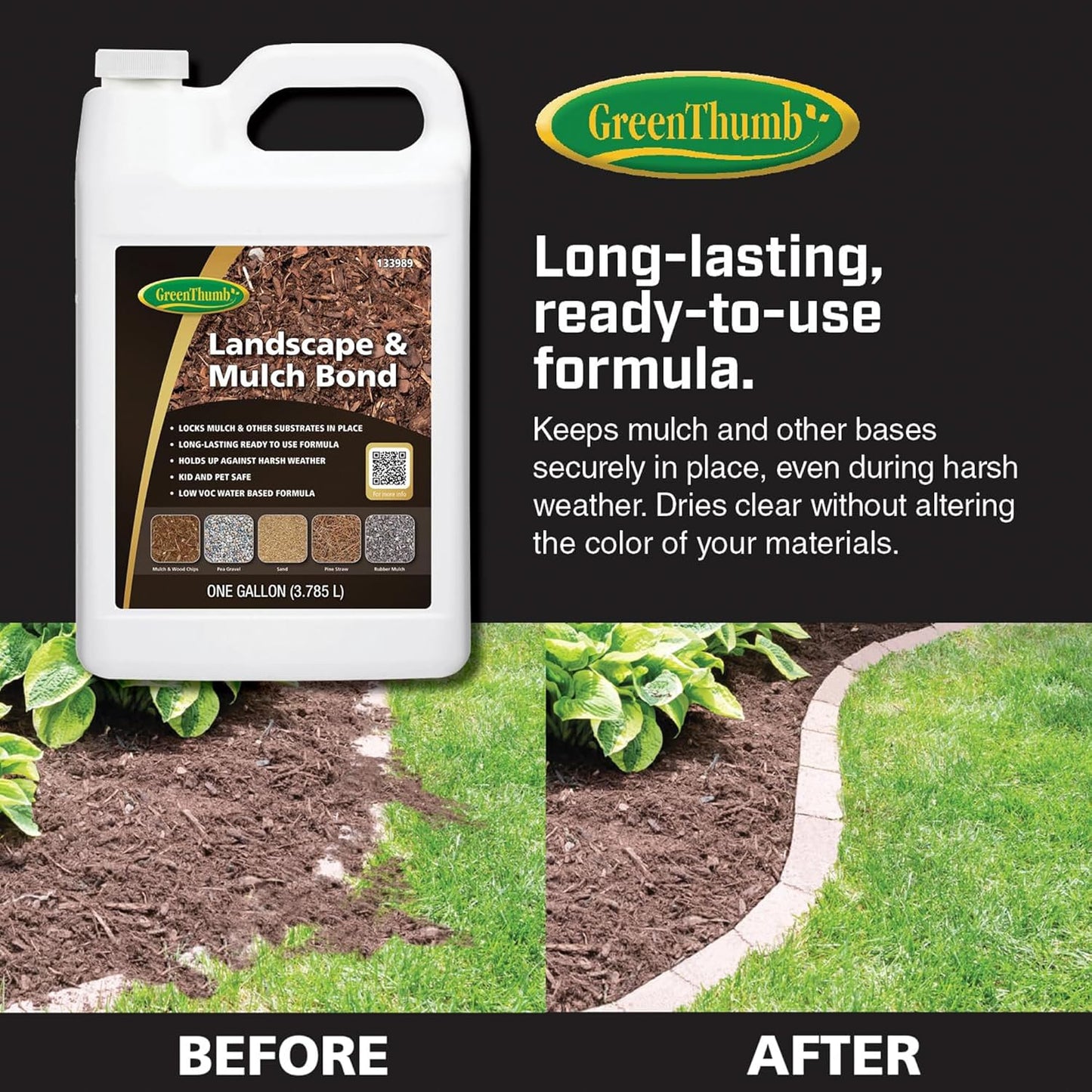 GreenThumb, Landscape and Mulch Bond, Mulch Glue for Landscaping, Rock, Pea Gravel & More, Non-Toxic, Ready-to-Use Mulch Binder Glue, 1 Gallon