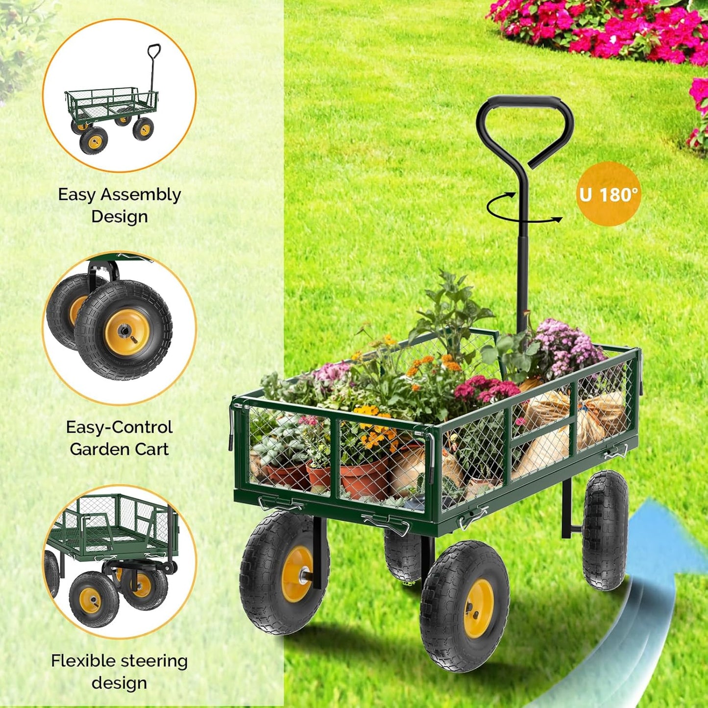 VINGLI Heavy Duty 880 LBS Mesh Steel Garden Cart, Detachable Utility Wheelbarrow, Yard and Garden Wagon Cart with Removable Sides and 10 Inch Wheels (Green)