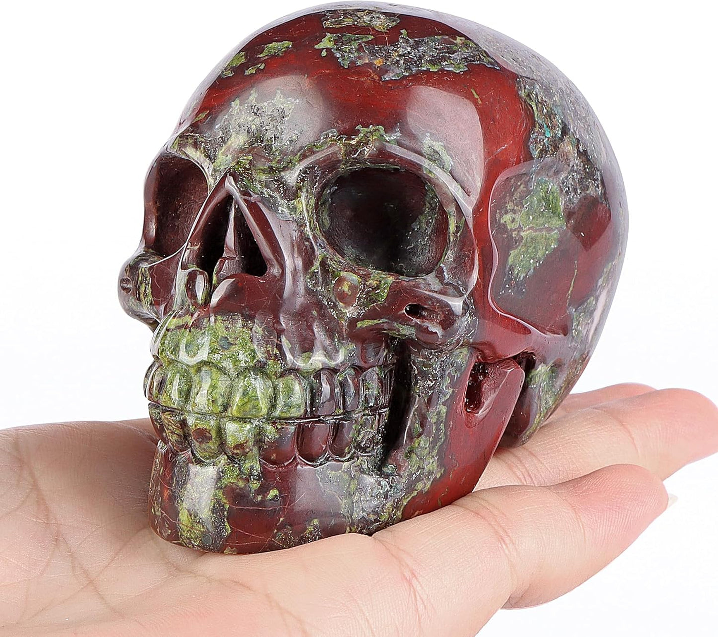 3.0" Dragon Blood Stone Crystal Skull Head Figurine Healing Stone Carved Sugar Skull Statue Sculpture Decor Day of The Dead Statue Ornaments Halloween Decoration
