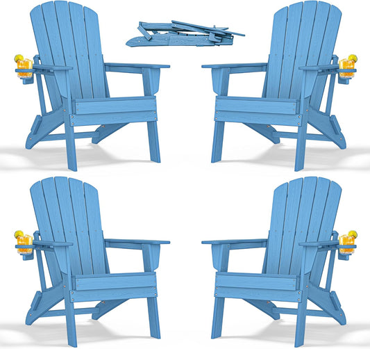 Folding Adirondack Chair with Cup Holder Set of 4,All-Weather Adirondack Chair,Patio Chair,HDPE-Wooden Textured Lawn Chair- Light Blue