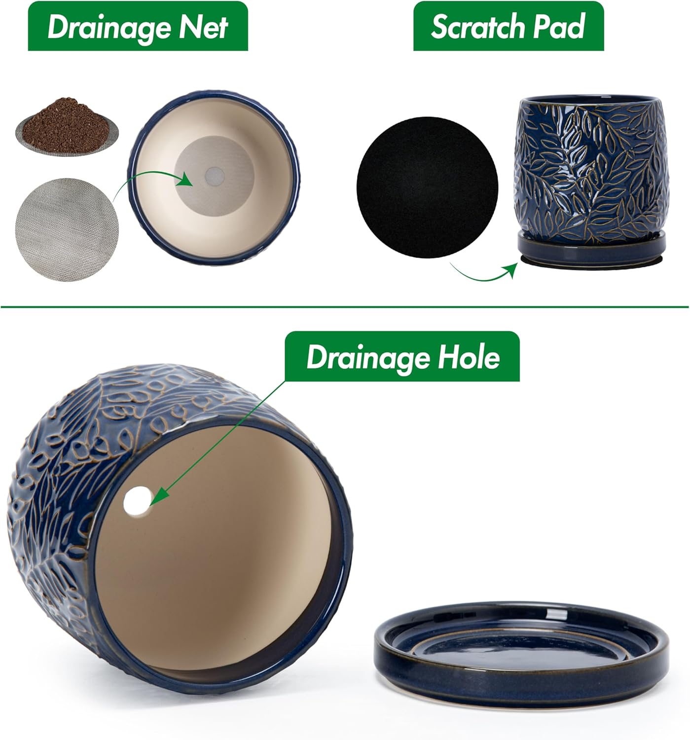 D'vine Dev 6 Inch Embossed Leaves Stoneware Planter Pot with Drainage Hole and Saucer, Midnight Blue, Set of 2, 27-F-X-3