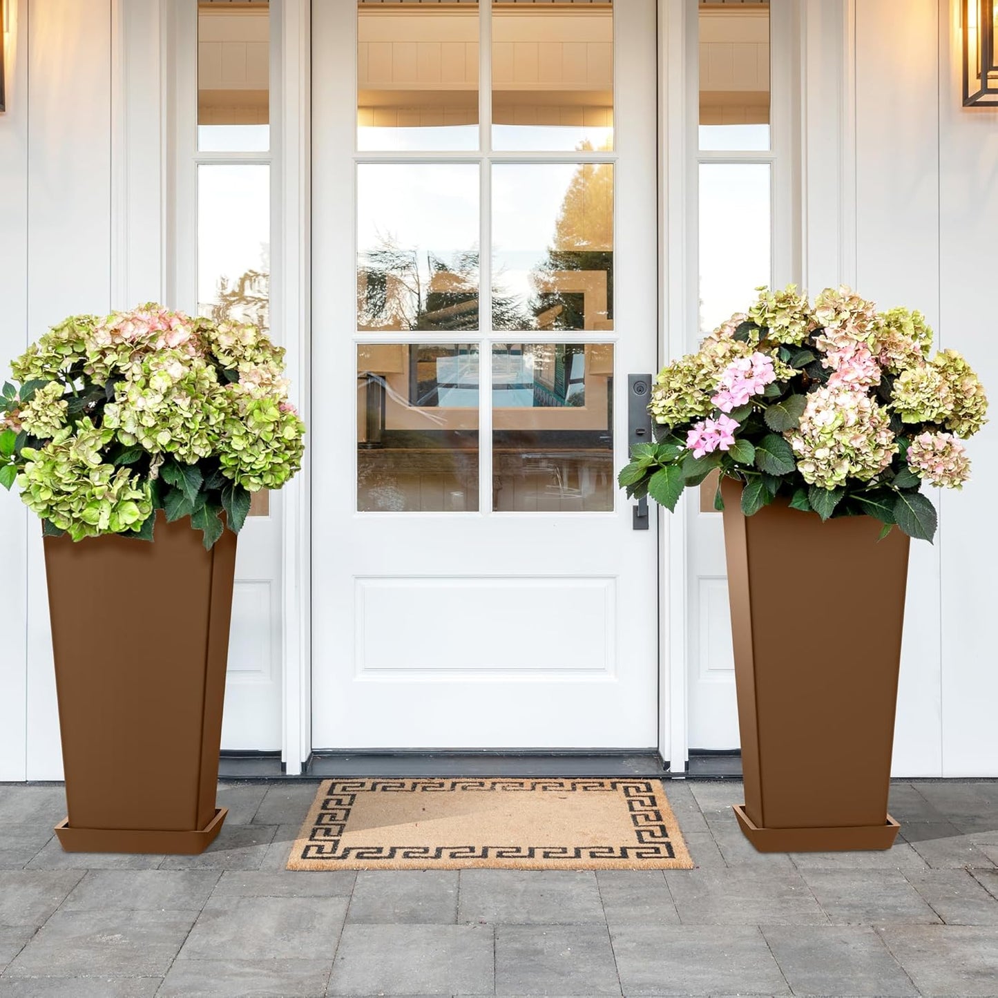 Set of 2 Tall Planters, 24" Large Indoor Outdoor Flower Pots with Tray, Modern Tapered Planters for Porch, Patio, Garden, Backyard