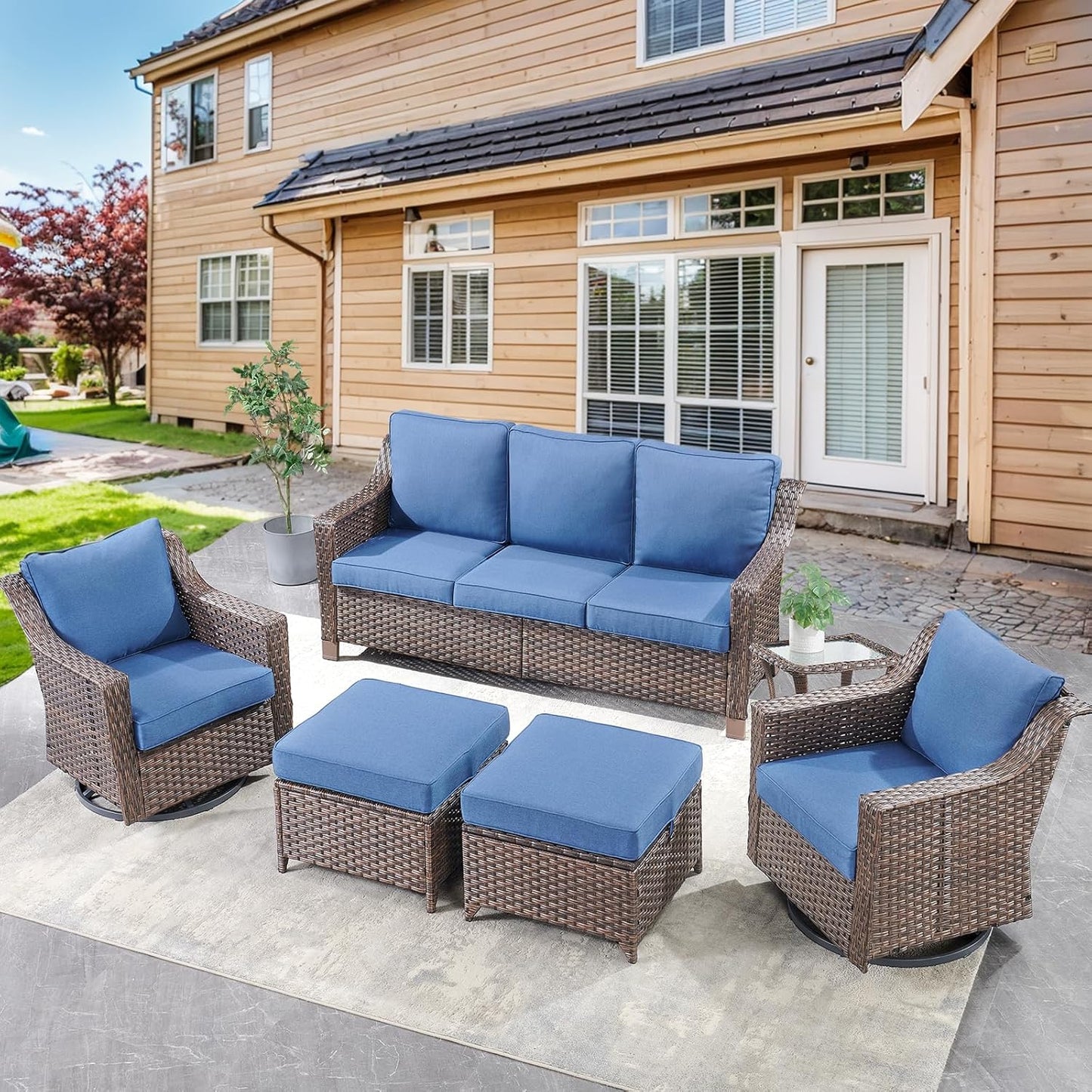 Outdoor Wicker Patio Furniture Set - 5 Piece Outside Rattan Conversation Bistro Dining Chair Sets with Rocking Swivel Chairs, 3-Seat Couch and Ottomans for Porch Yard Balcony – Brown/Blue