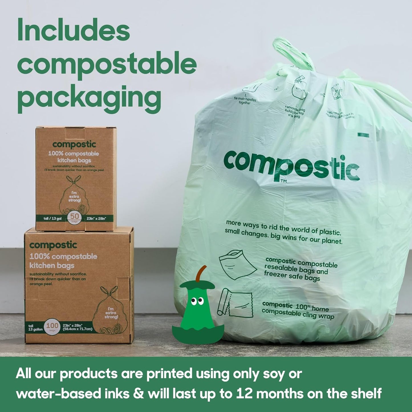 Home Compostable Trash Bags, 13 Gallon Tall Kitchen Rubbish Bags (23” x 29”), Extra Strong & Quickly Breaks Down, 100 Count