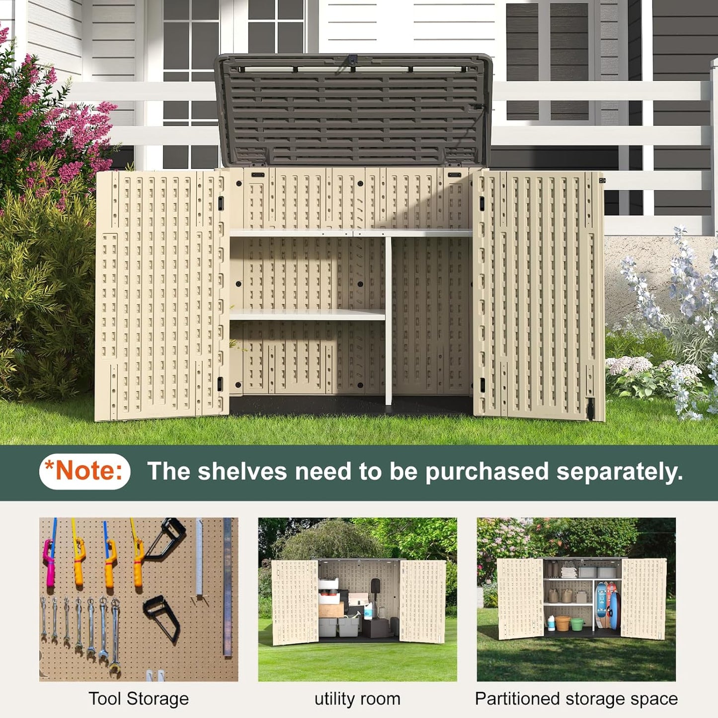 30 Cu.Ft Outdoor Storage Shed, Multi-Purpose Weather-Resistant Utility Shed for Garbage Cans, Lawn Mower, Garden Tools, Waterproof Resin Horizontal Cabinet with Pad-Lockable Doors (Khaki)