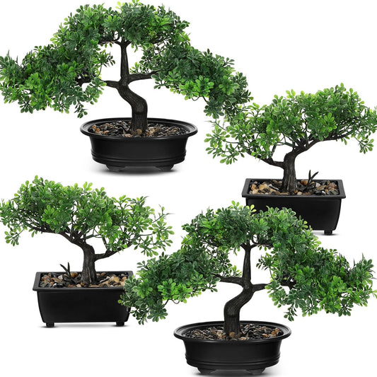 Jexine 4 Pack Artificial Bonsai Tree, Indoor Small Fake Plants in Pots for Home Table Office Desk Bathroom Shelf Bookshelf Bedroom Living Room Farmhouse Decorations