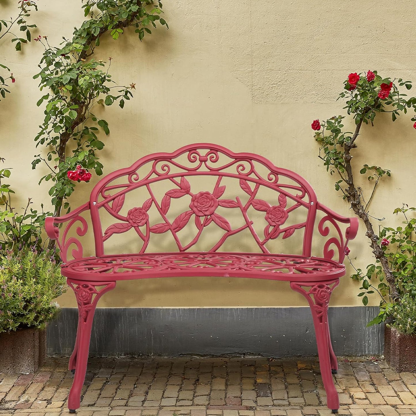 VINGLI 38.5" Patio Park Garden Outdoor Metal Rose Bench,Cast Aluminium Frame Antique Finish Chair,Accented Lawn Front Porch Path Yard Decor Deck Furniture for 2 Person Seat（Red
