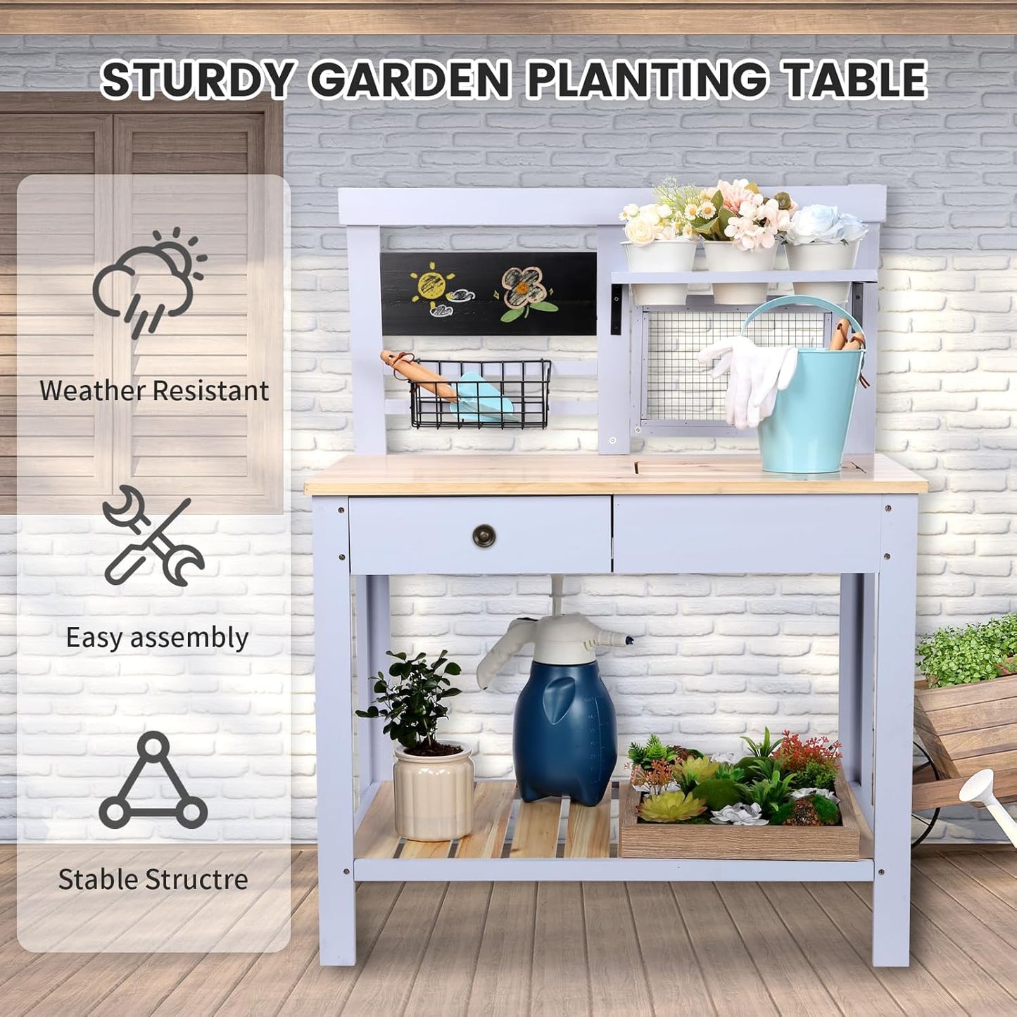 Potting Bench Outdoor Potting Table—All-Weather Kids Solid Wood Garden Work Station with Sink、Drawer、Hooks、3Flower Pots, Weather Proof （Blue, Large）