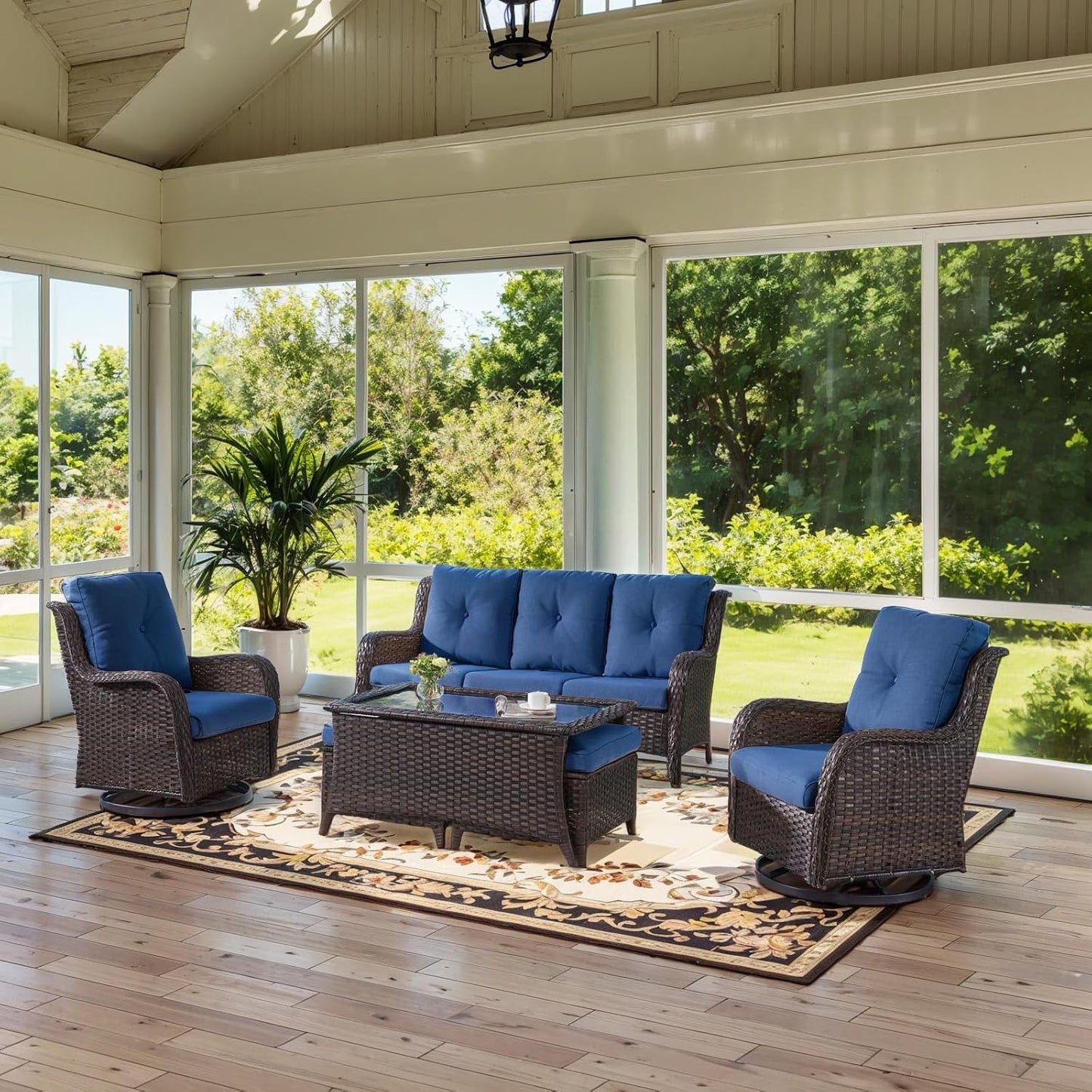 Wicker Outdoor Furniture Patio Furniture Set - 6 Piece Patio Conversation Set with Swivel Rocker Chairs, Rattan Sofa, Ottomans and Coffee Table, Blue Cushion