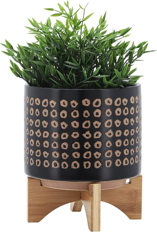 Ceramic Planter with Wooden Stand – Modern Home Decor Stoneware Plant Pot with Elevated Base – Decorative Indoor & Outdoor Planter with Legs for Living Room, Bedroom, Patio, or Garden – 9", Brown
