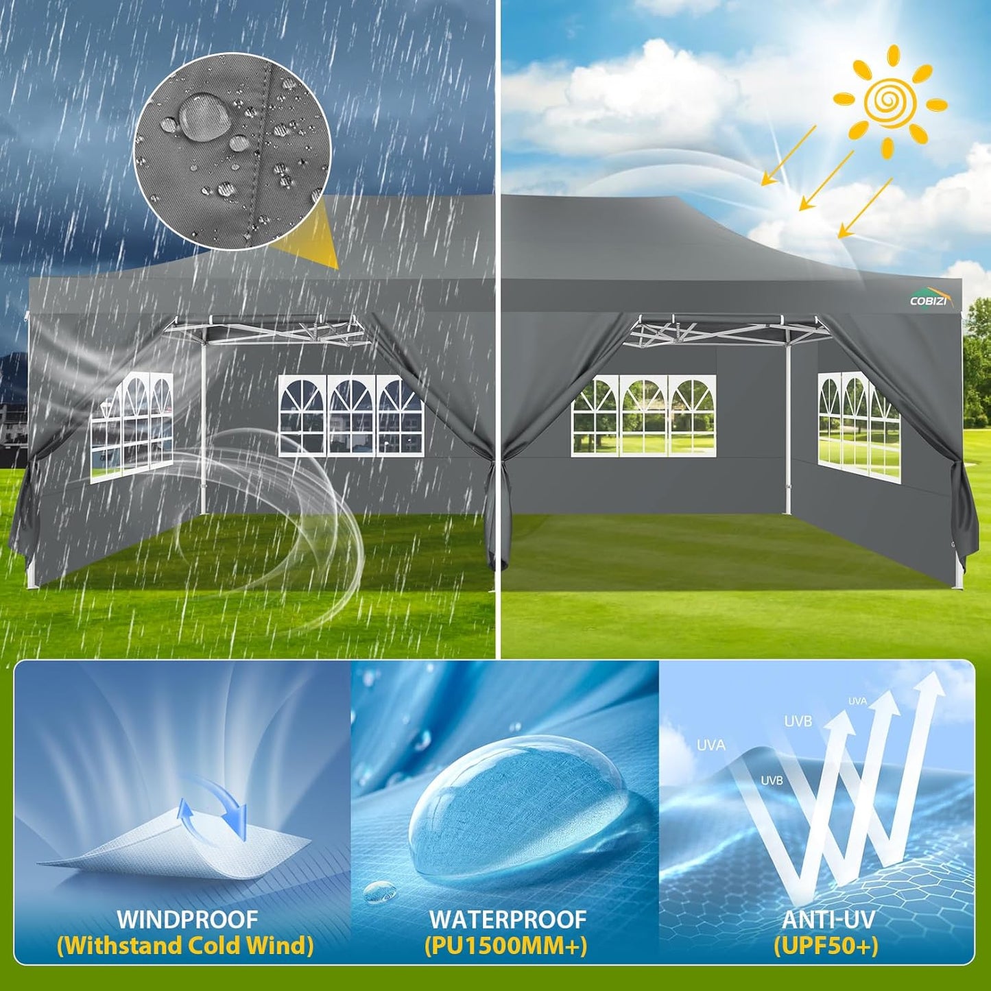 COBIZI 13x26 Pop Up Tent 13x26 Canopy with Sidewalls Heavy Duty Canopy Party Tent for Parties, Outdoor Wedding Large Event Tent Wind Waterproof UPF 50+ Ez Up in Garden Lawn with Roller Bag, Gray