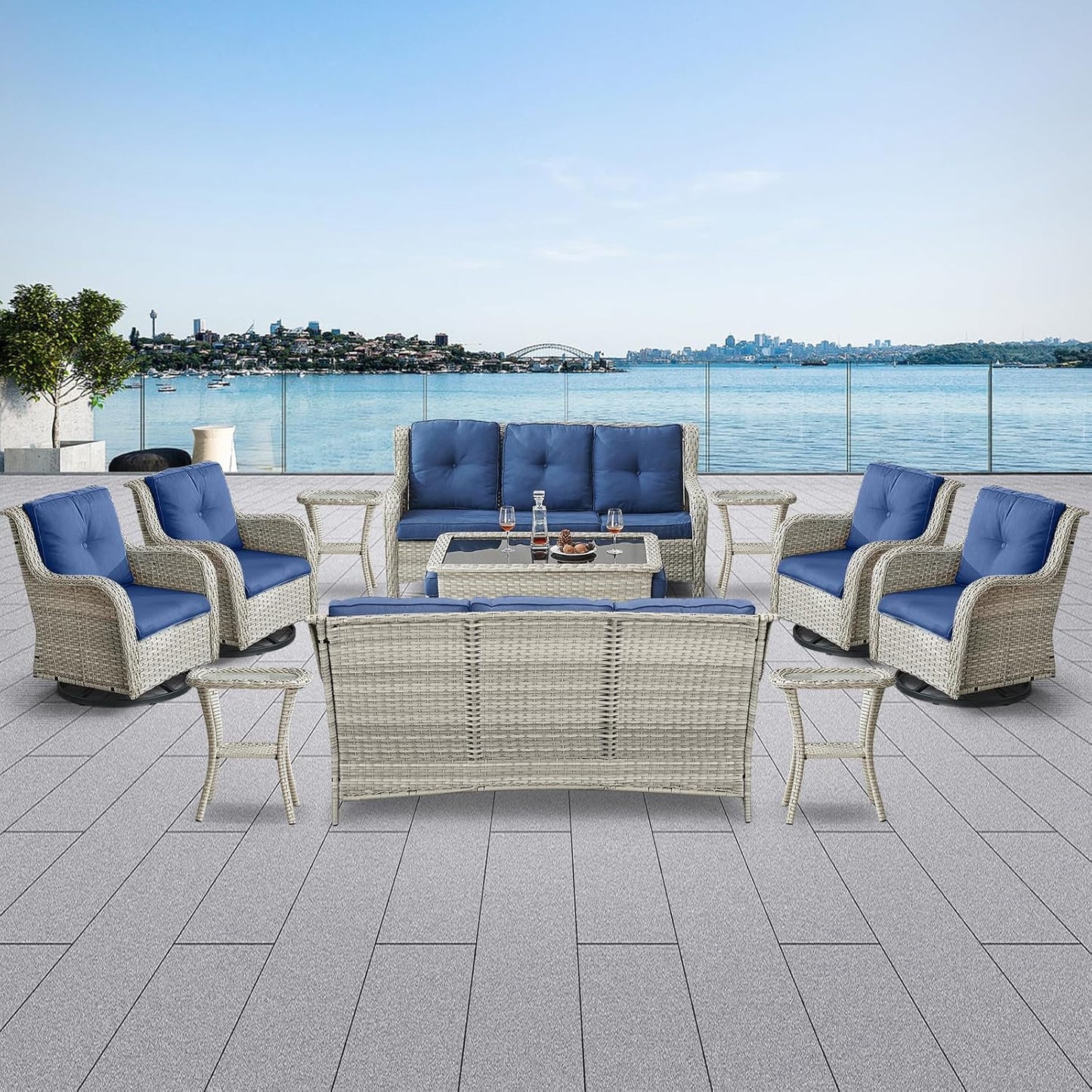 Wicker Patio Furniture Sets - 13 Piece Outdoor Rattan Furniture Conversation Sets with 4 Swivel Rocker Chairs, 2 Rattan Sofas, Wicker Ottomans and Coffee Table, Light Grey/Blue