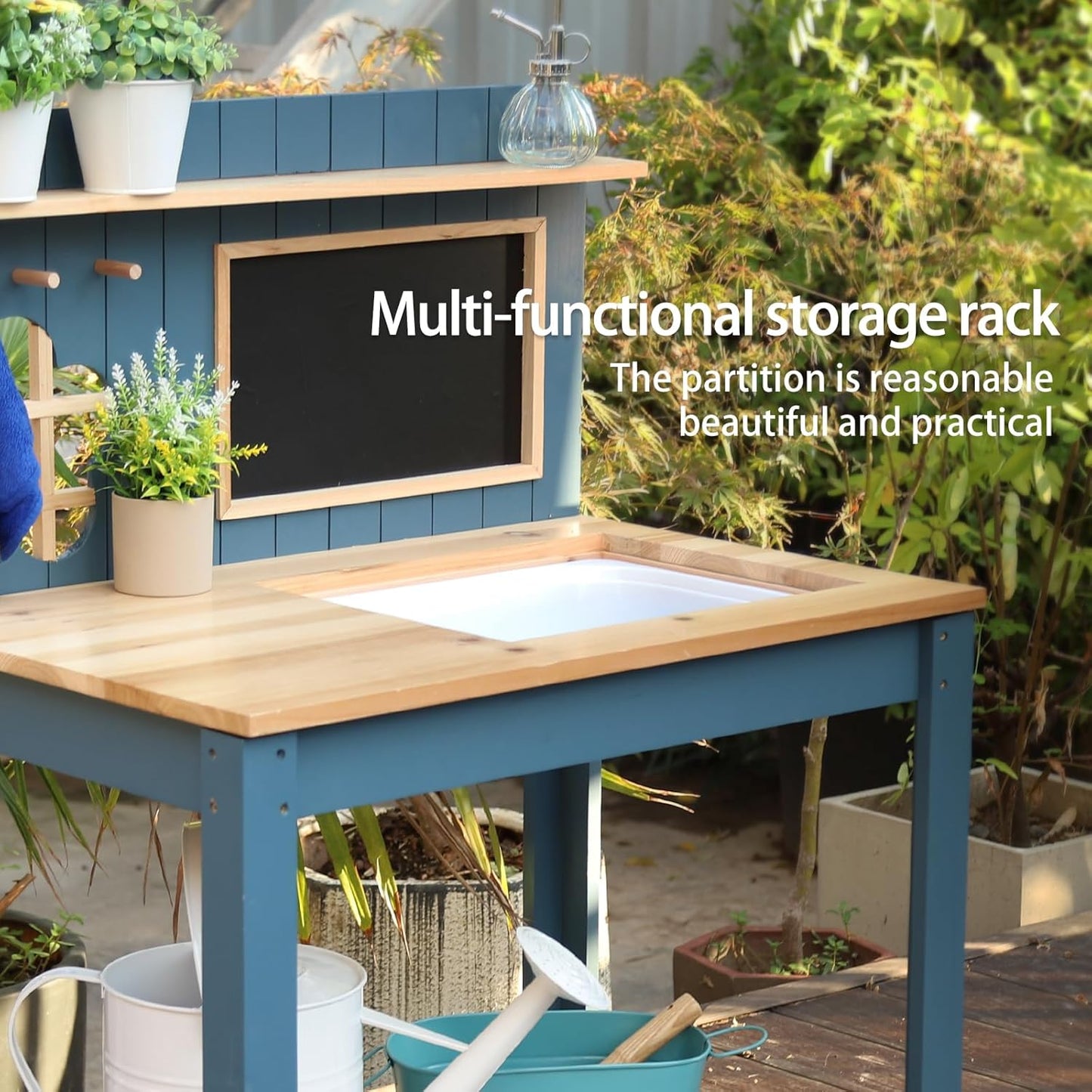 Potting Bench Outdoor Potting Table—All-Weather Kids Solid Wood Garden Work Station with Sink、Drawing Board、Shelves, Weather Proof（Blue, Large）