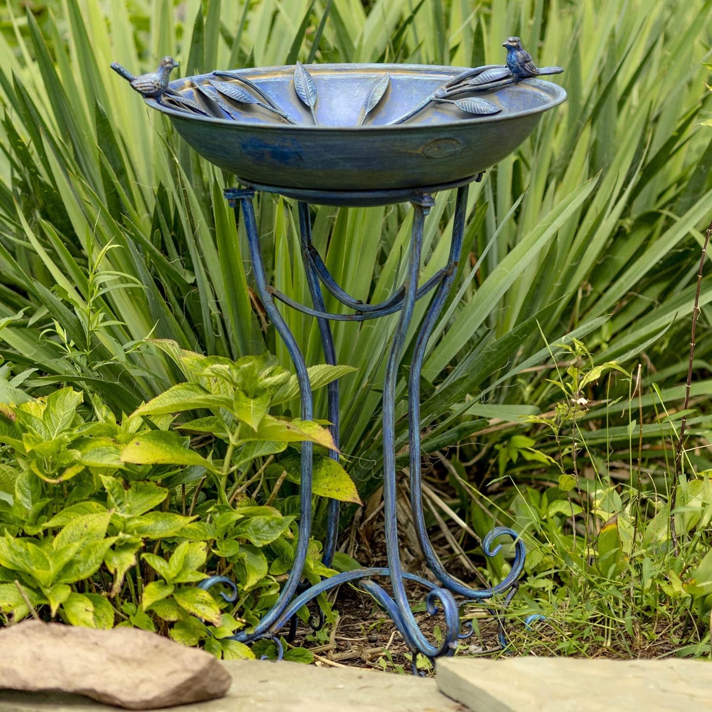 Zaer Ltd. Deep Well Made Metal Birdbath with 2 Cast Iron Birds and Leaf Decoration (Frosted Blue)