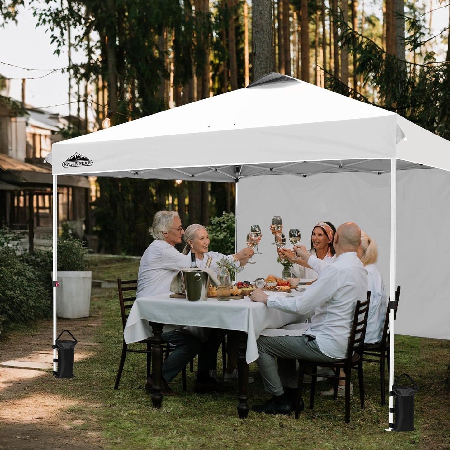 EAGLE PEAK Pop Up Canopy Tent with 1 Sidewall, Easy Setup Event Tent, Outdoor Sun Shade, Wheeled Carry Bag, Stakes and Guy Ropes, Instant Canopy 12x12, White