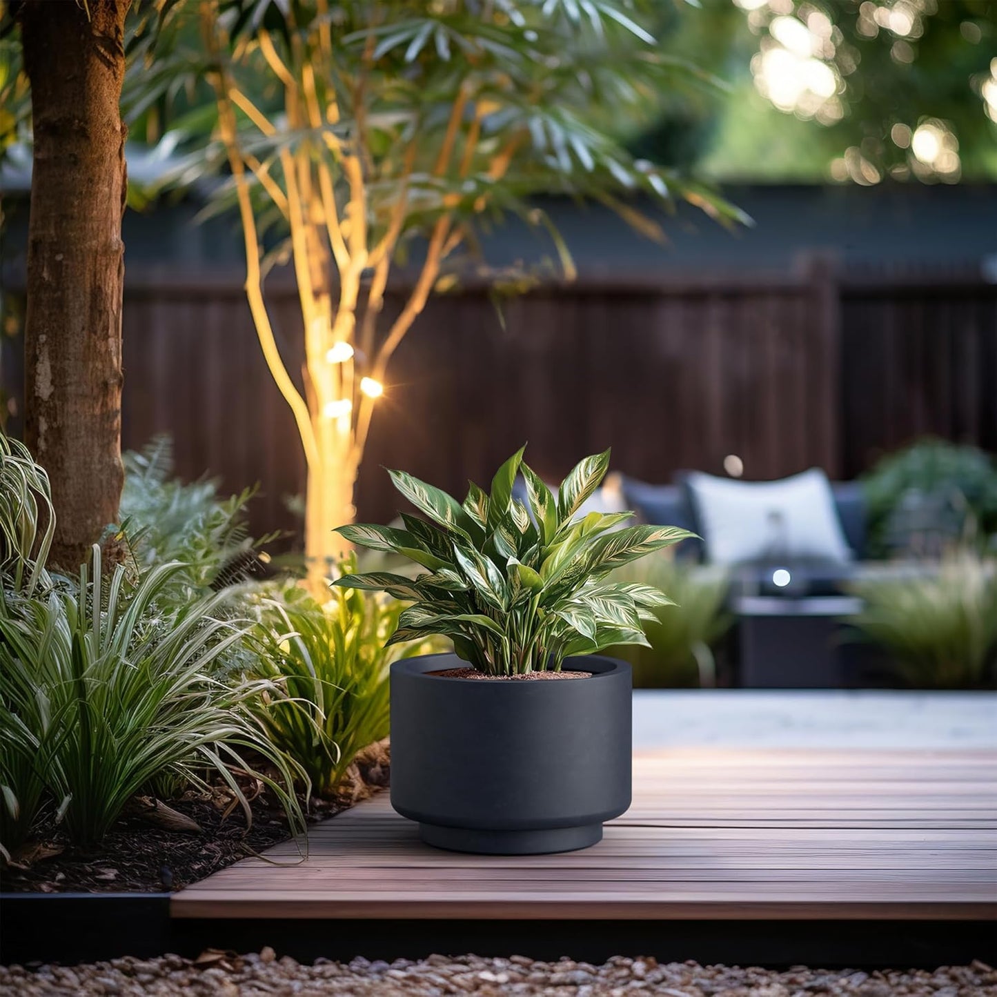 Kante 15.7 Inch Dia Concrete Planter, Round Pedestal Design Garden Pot for Indoor Outdoor Plants, Modern Flower Pot with Drainage Hole, Charcoal Finish with Warm Brown Interior