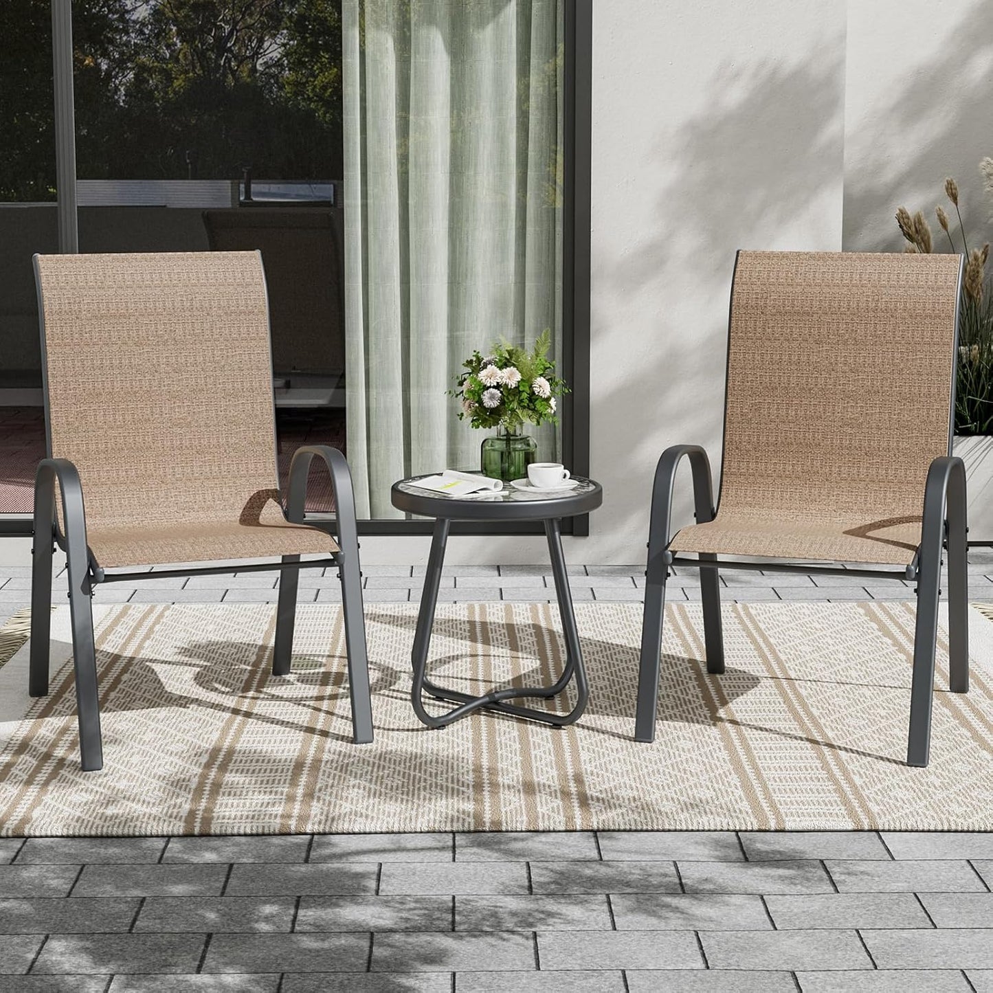 UDPATIO Patio Dining Set of 3, Outdoor Table and Chairs Set with Glass Table, 2 Stackable Patio Chairs with High Back, Outdoor Furniture Sets for Deck Garden Backyard Lawn Poolside (Brown)