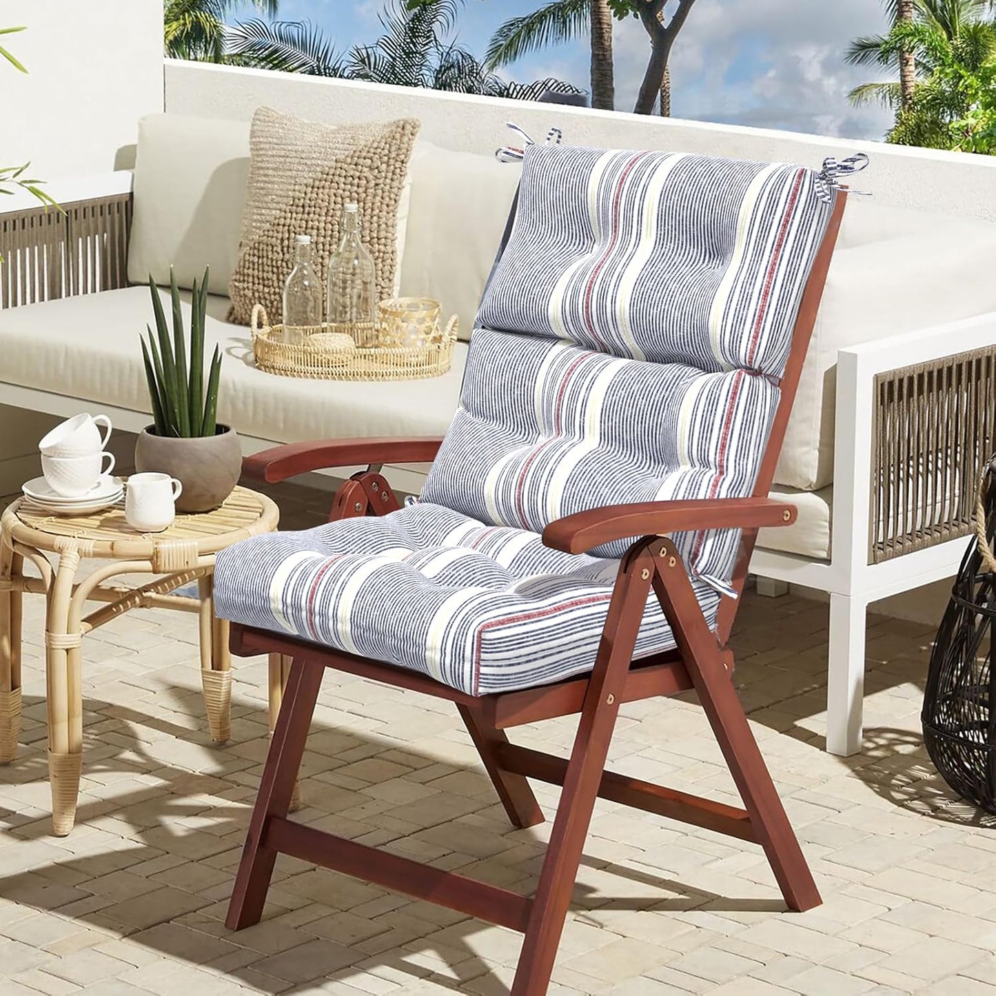 LVTXIII Outdoor Tufted High Back Cushions Set of 2 Patio Seasonal Replacement Rocking Chair Cushion with Ties, Solid Seat and Back Chair Cushion, (44” L x 22W”, Stripe Denim Blue)