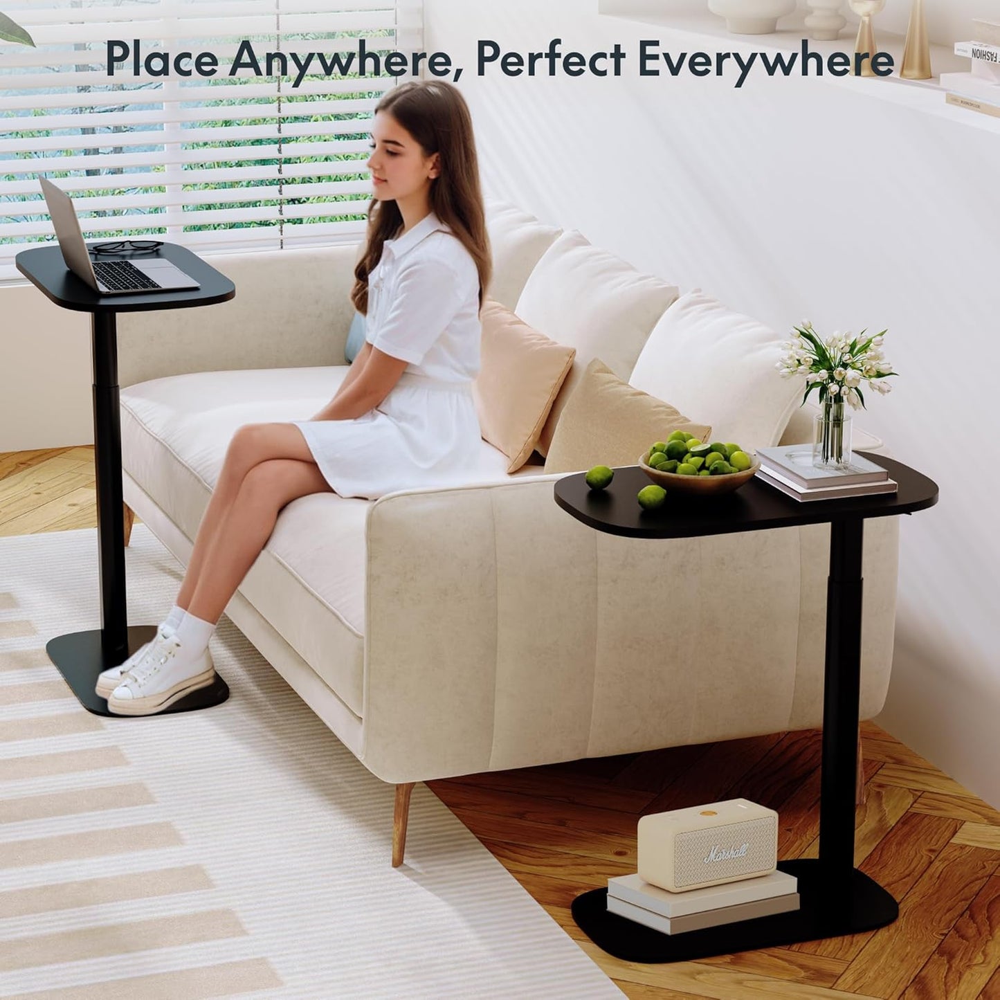 FLEXISPOT Adjustable C Table with Wheels, Mobile Snack Side End Table Sofa Couch Bedside Table Laptop Cart TV Tray Night Stand Small Space Side Table(23.6" W x 13.8" D,Black)