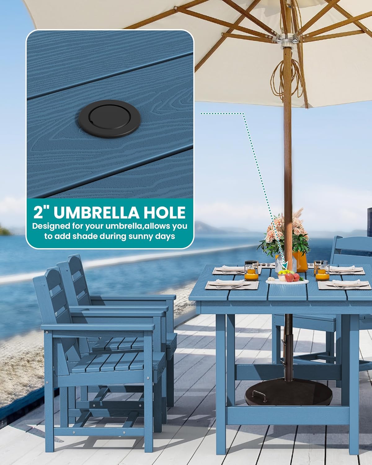 SERWALL Patio Table Set, Outdoor HDPE Dining Furniture with Umbrella Hole, All Weather for Lawn, Garden, Backyard, Poolside, Blue