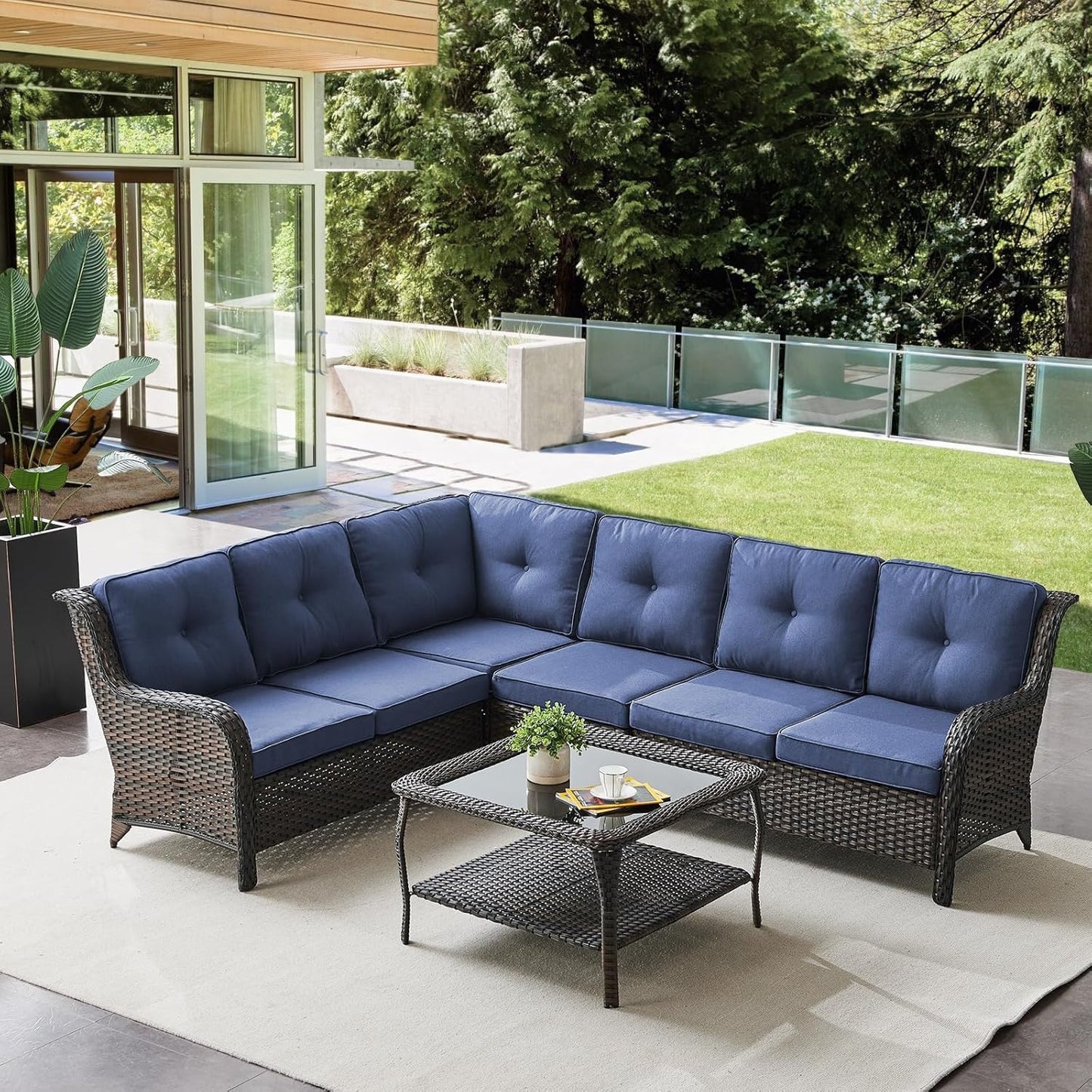 Outdoor Furniture Sectional Sofa L Shaped Couch - Patio Wicker Set with Coffee Table, 3 Piece Rattan Patio Conversation Sets with Blue Cushion for Deck Backyard Sunroom Blue Cushion