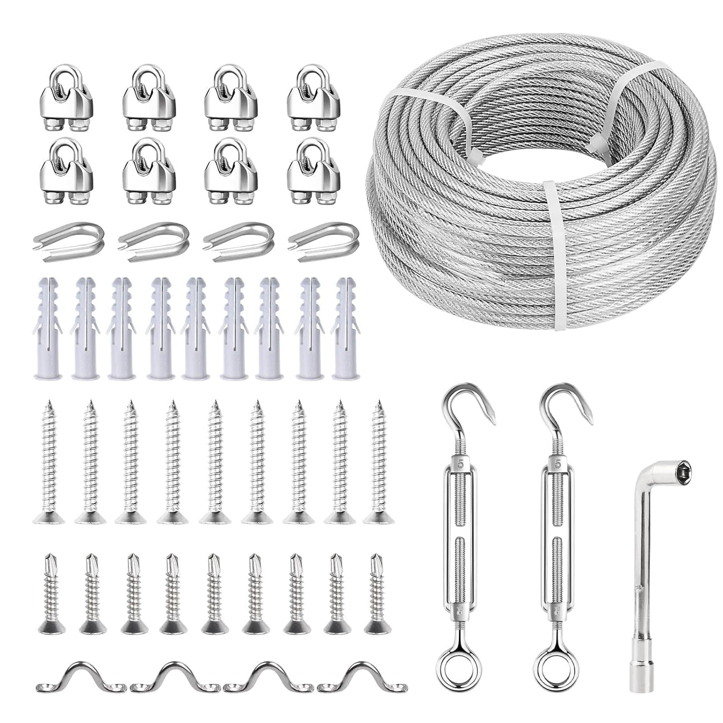 3/16 Wire Rope Kit, 100ft Vinyl Coated Galvanized Steel Cable with M5 Turnbuckles for Cables Wire, Rope Clamp & Thimble, 7X7 Strand Aircraft Cable for Anchored Shed, Fencing, Sunshade