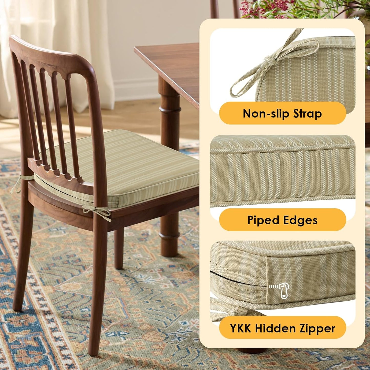 Outdoor Round Corner Seat Cushion, 17"x16"x2", Set of 4, Non Slip Seat Cushion Pads with Removable Cover for Patio Furniture, Garden Yard Lawn, Beige Brown Stripe