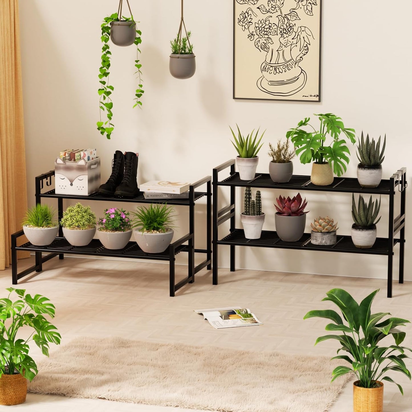 Garden 4 you 2 Tier Metal Plant Stand Outdoor Indoor Waterproof, Stackable Heavy Duty Tall Plant Shelf Flower Pot Holder for Garden, Display Rack, Black