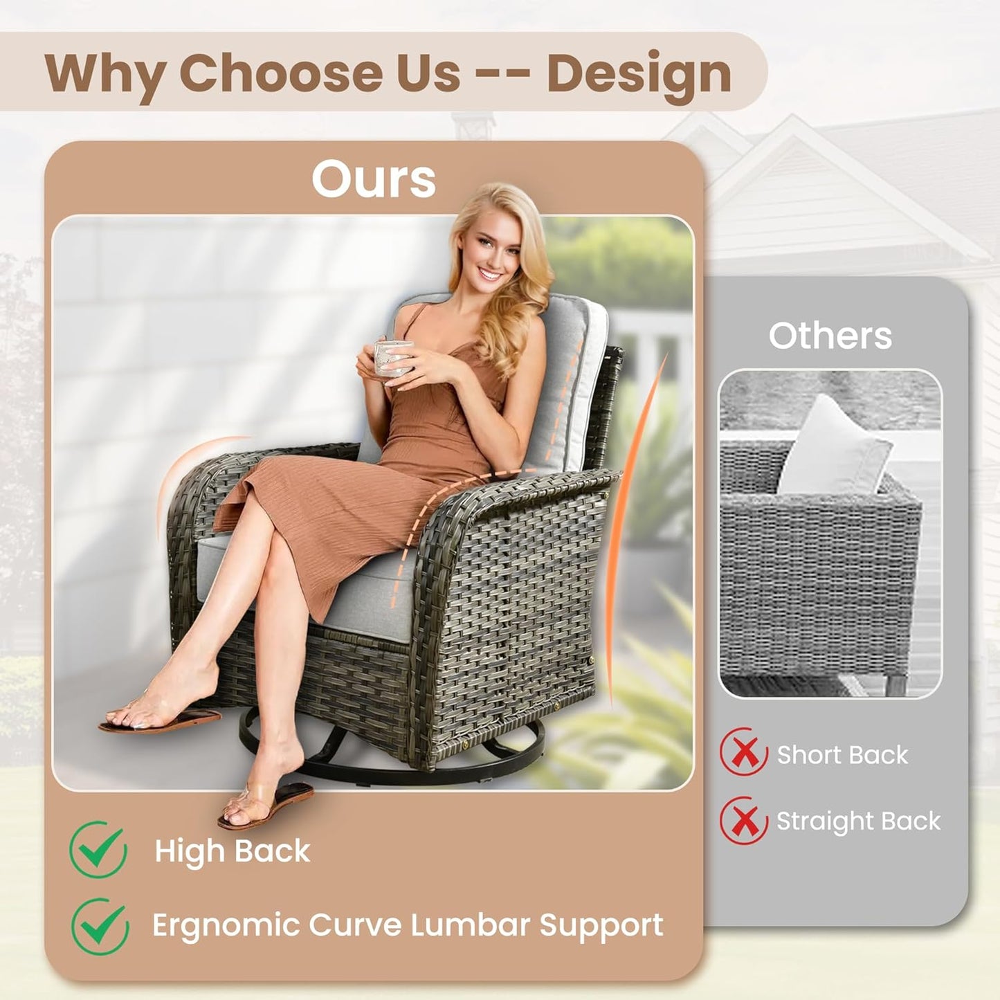 HOOOWOOO Patio Furniture Set,5 Pieces Outdoor Conversation Set,All Weather Wicker Loveseat Sofa Set with High Back Swivel Rocking Chairs Tables,Light Gray