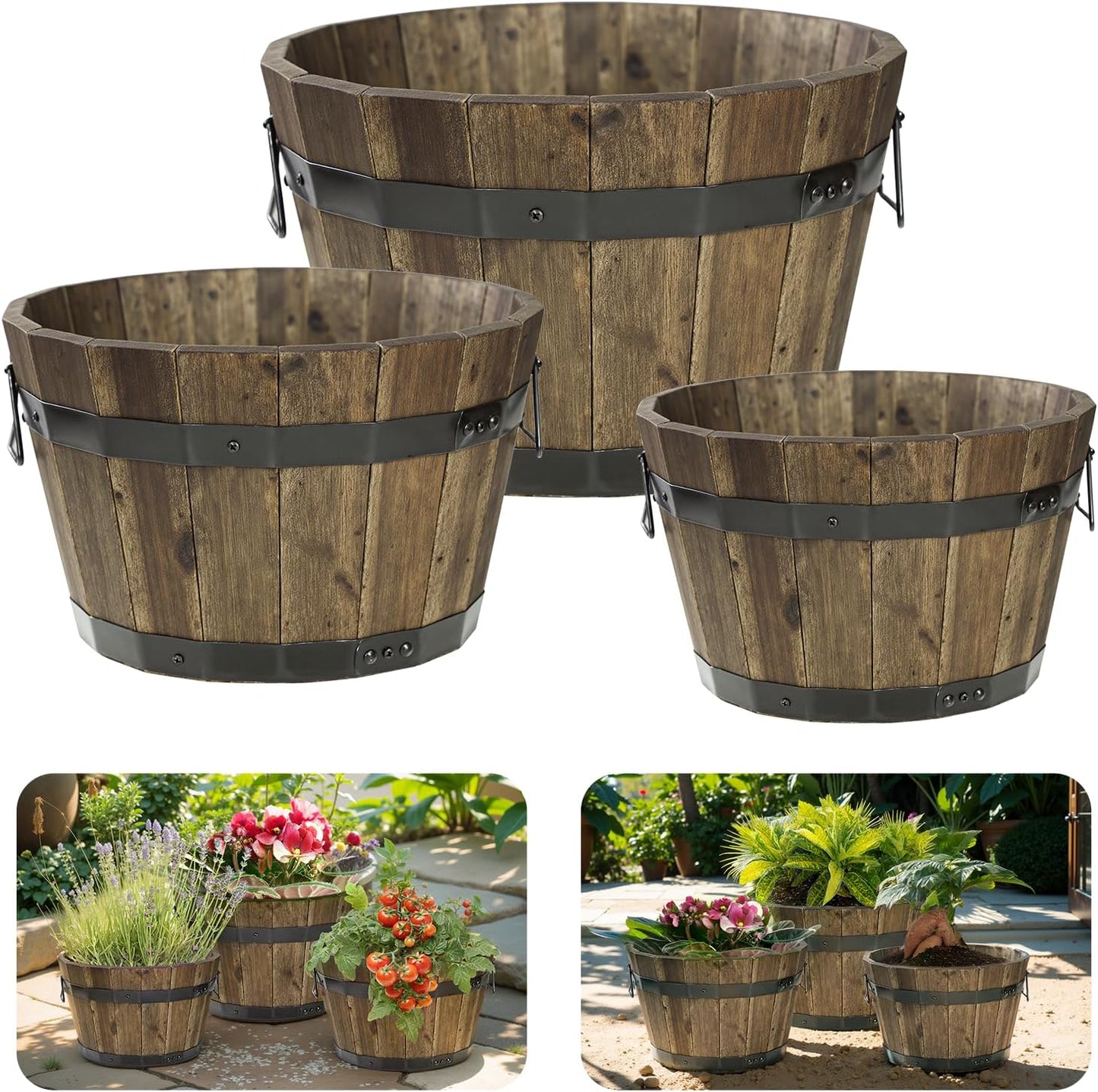 IDZO Set of 3 Wooden Flower Planters for Outdoor Plants, Acacia Wood Barrel Planters, Ergonomic Handles, Drainage Holes, Various Sizes, Walnut