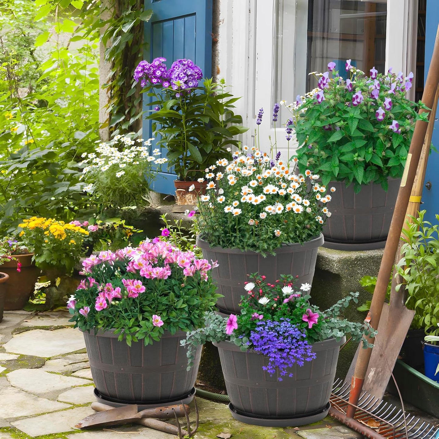 Quarut 14 Inch Plastic-Flower-Pot-for-Indoor-Plants, 4 Pack Large Outdoor Planter Pot with Drainage Holes & Saucers, Resin Decorative Garden Pots Planters（Brown）