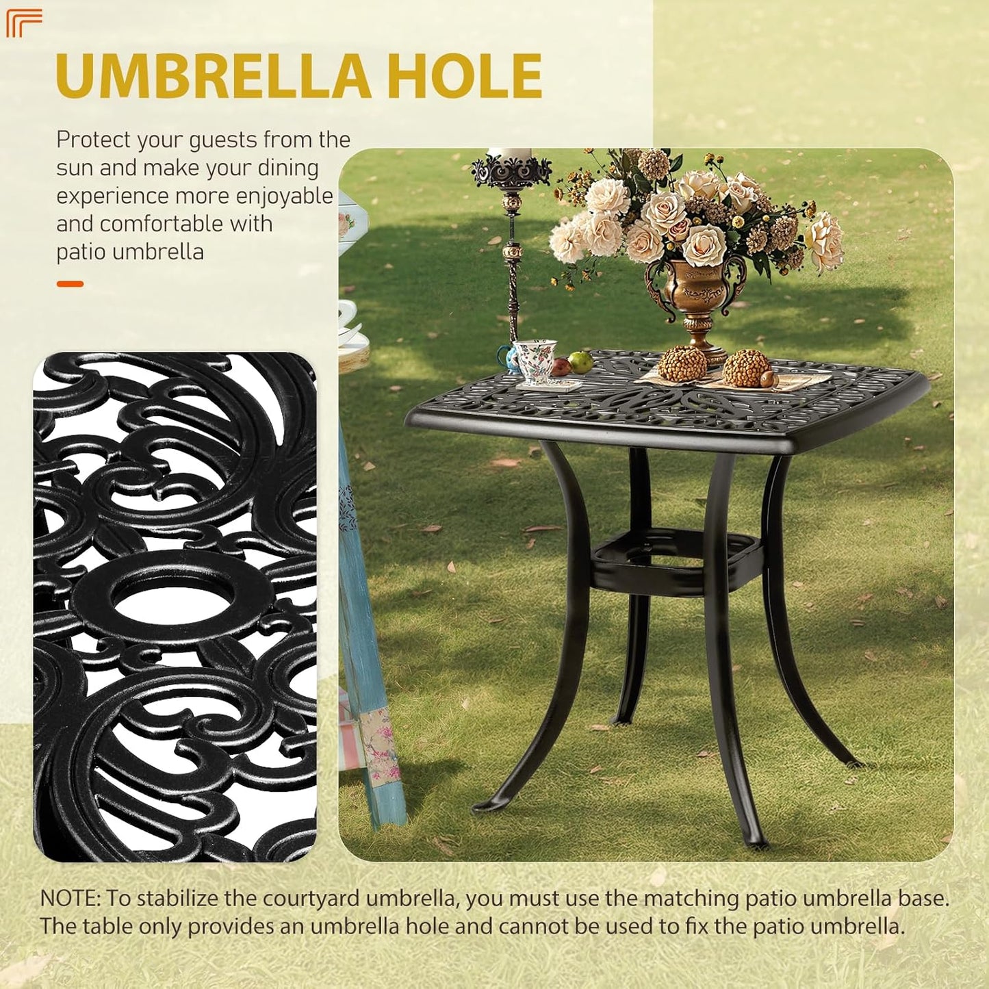 Outvita Patio Side Table, 21.3in Outdoor Square Cast Aluminum Bistro Table with Umbrella Hole and Antique Design for Backyard Porch Pool Balcony Deck Black
