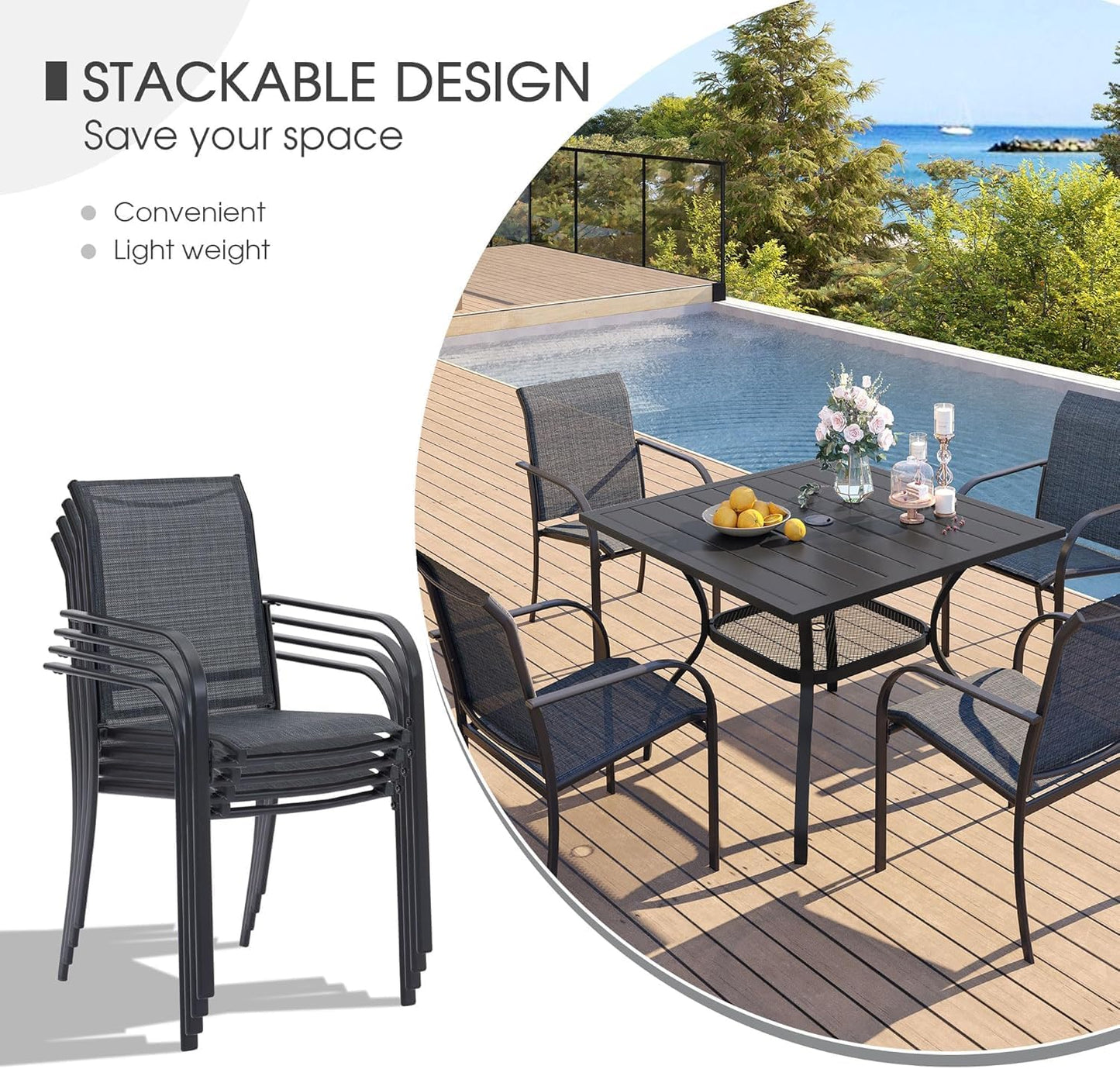 VICLLAX 5 Pieces Patio Dining Set, Outdoor Furniture Set Includes 41.2" Round Patio Table and 4 Patio Sling Chairs, Grey Tabletop and Dark Grey Fabric