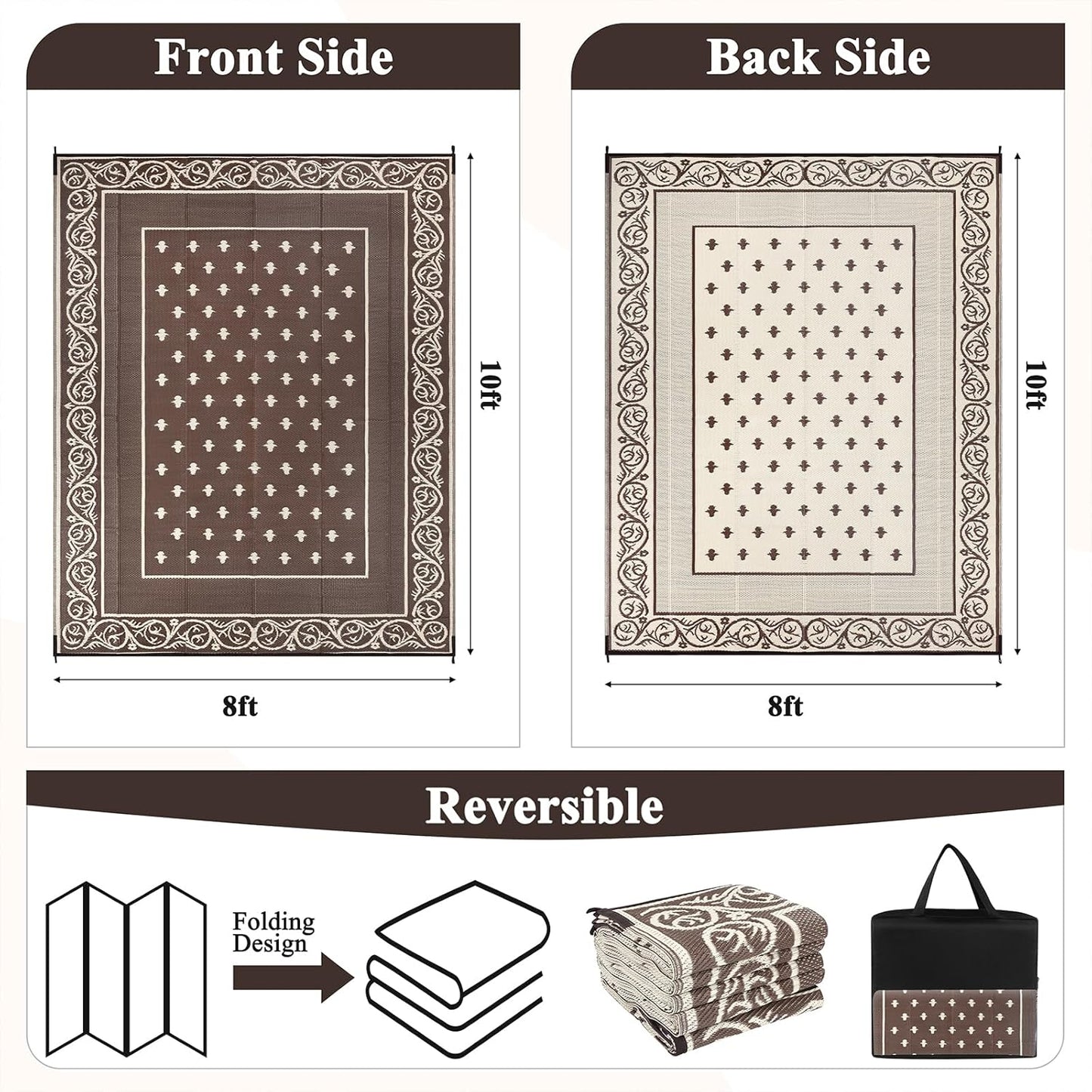 Pauwer Waterproof Outdoor Rug 8x10, Reversible Plastic Straw Patio Camping Rug, Indoor Outdoor RV Mat Carpet for Deck, Camper, Porch, Balcony, Backyard, Picnic, Bordered Brown